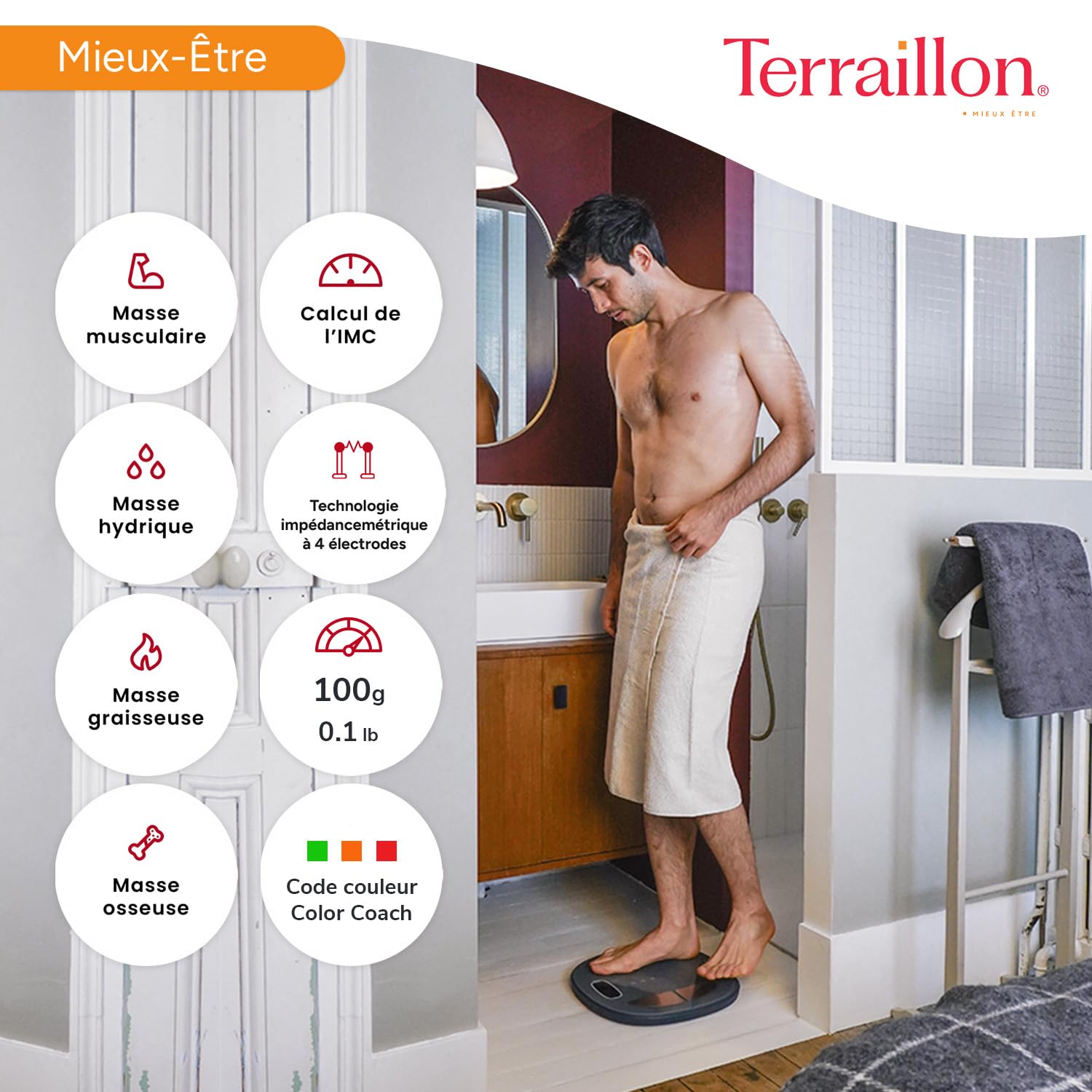 TERRAILLON Pèse Personne POP COLOR COACH Impédencemètre Complet - IMC - 8 Utilisateurs - Code Couleur pour Interpréter l'IMC et la Variation de Poids - Capacité 160Kg - Brun
