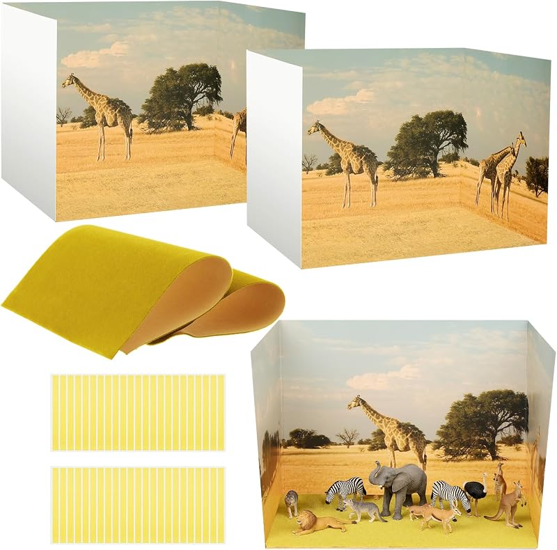 AmazingSpark 1 juego de caja de diorama estilo pastizal y decoración de césped falso, juego de suministros para proyectos de diorama de animales de safari, kit de vitrina de cartón y césped artificial con cintas de doble cara para manualidades