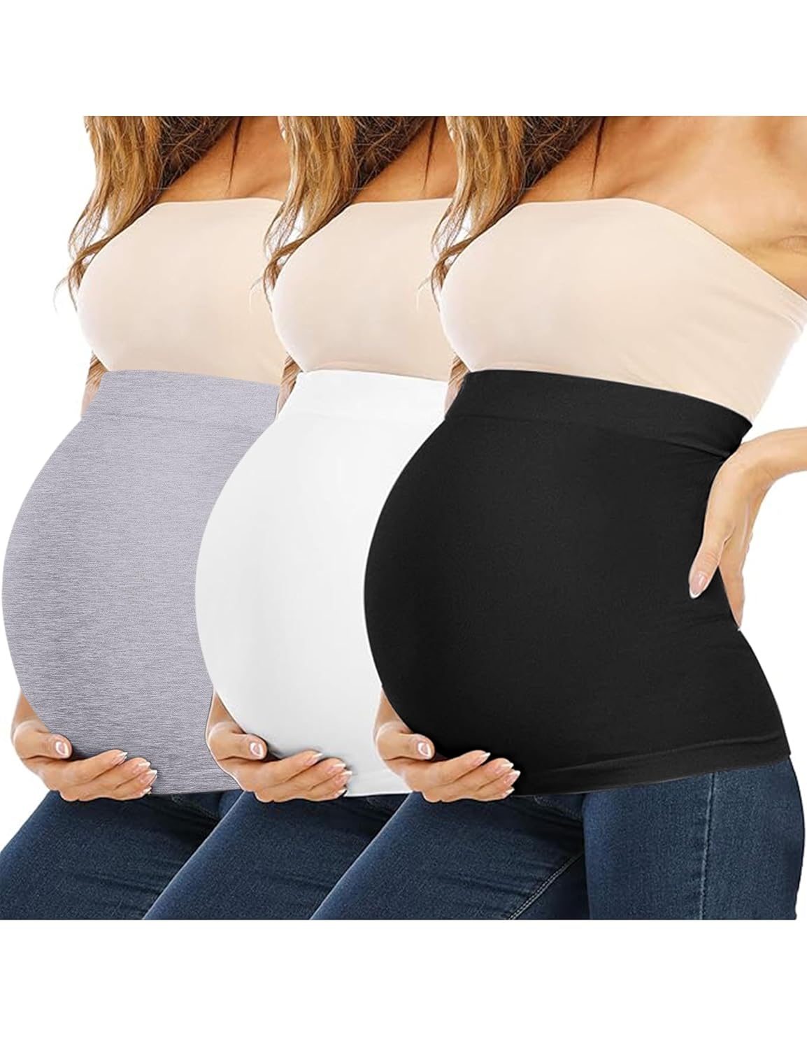 Rheane Belly Band Pregnancy Belly Support Band Maternity Clothes (Black+White+Grey 1)