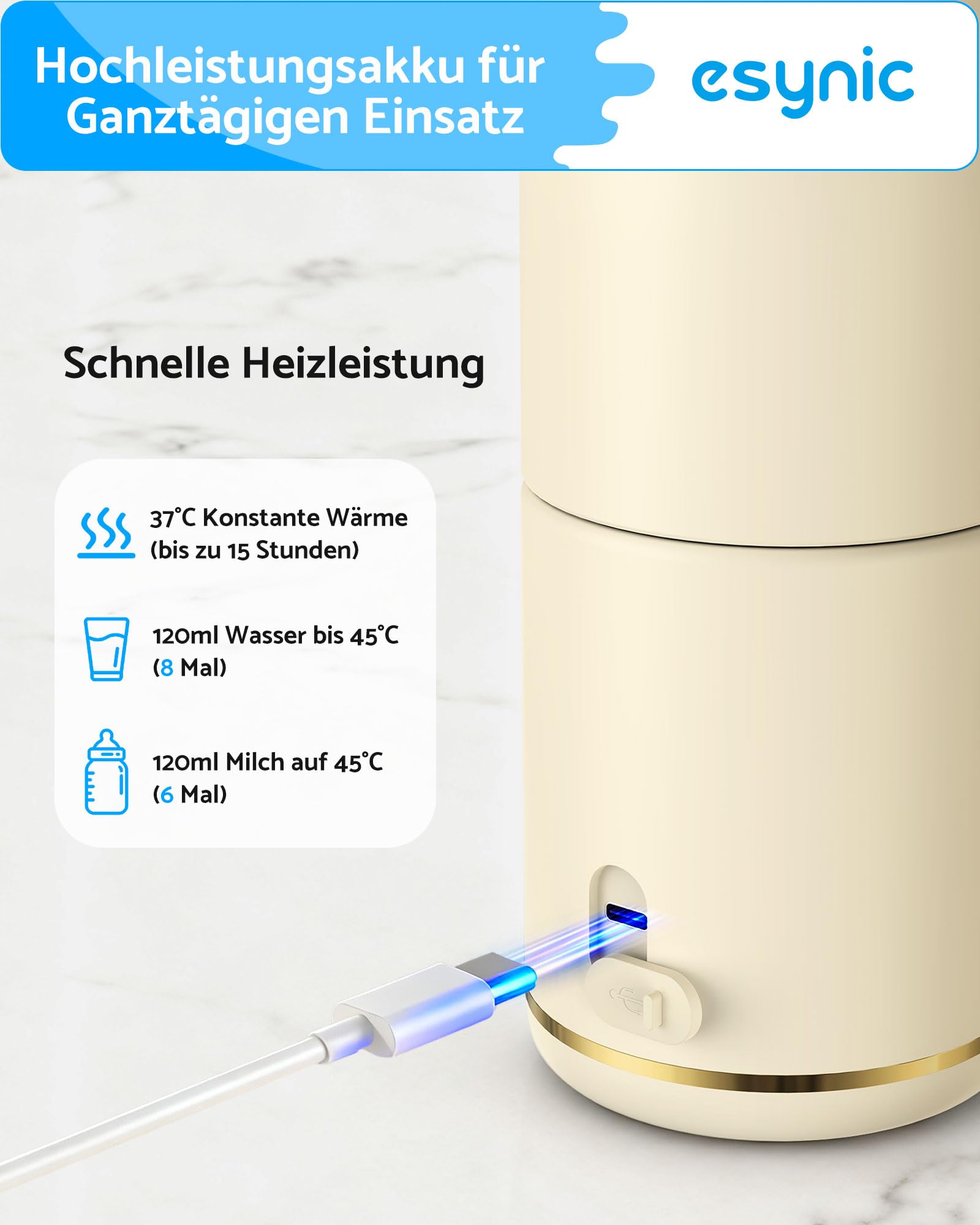 eSynic Babyflaschenwärmer 450ml Kapazität 15000mAh Akku Tragbarer Flaschenwärmer Edelstahl 316 Schnellaufheizung in 2-3 Min. Muttermilch & Wasser USB-C Ladeanschluss BPA-frei Reisen & Nachtfütterung