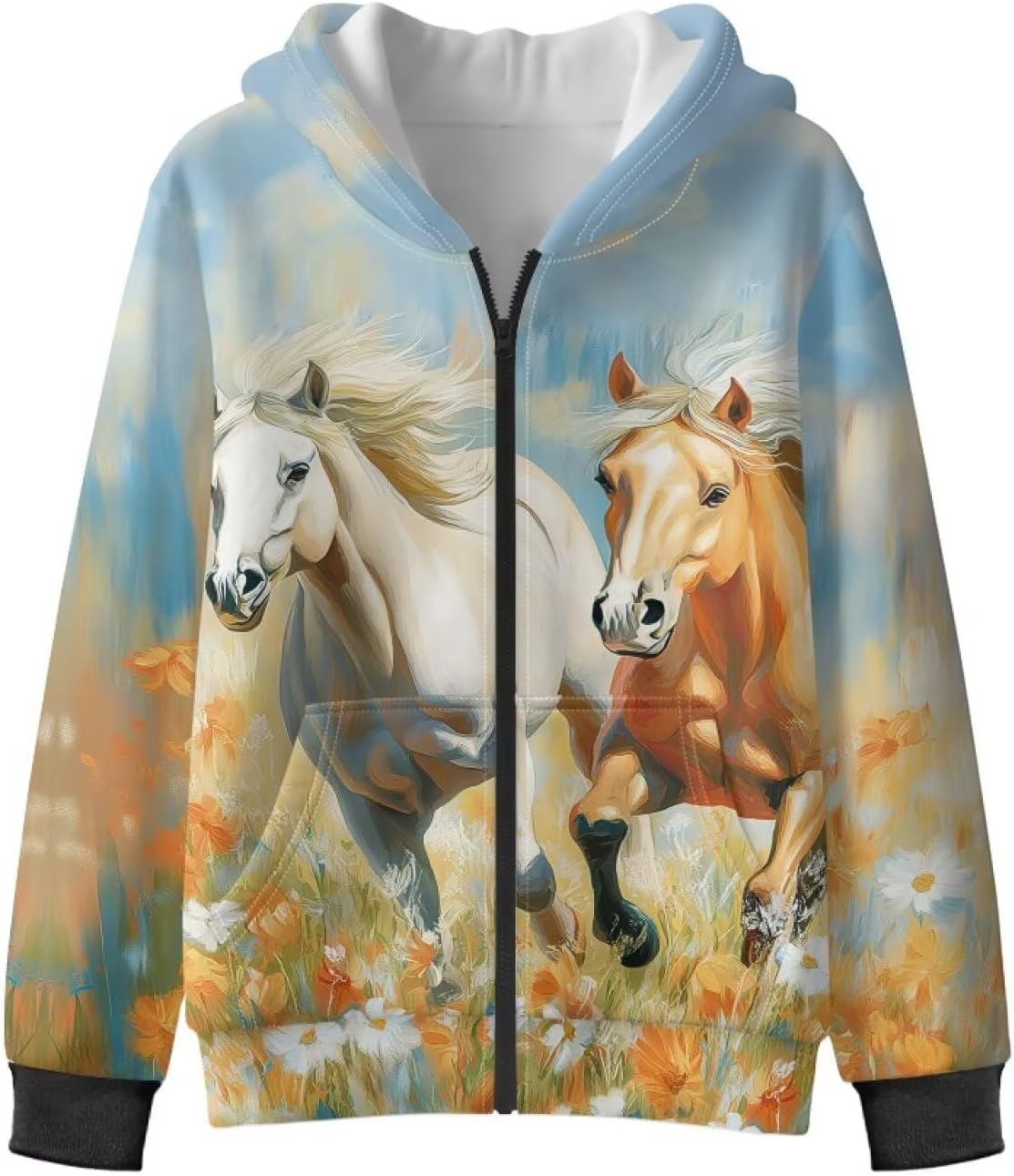 Gomyblomy Kids Zip Up Hoodie for Girls Boys Horse-theme Casual Fleece Jacket with Pockets Fall Winter Active Outerwear