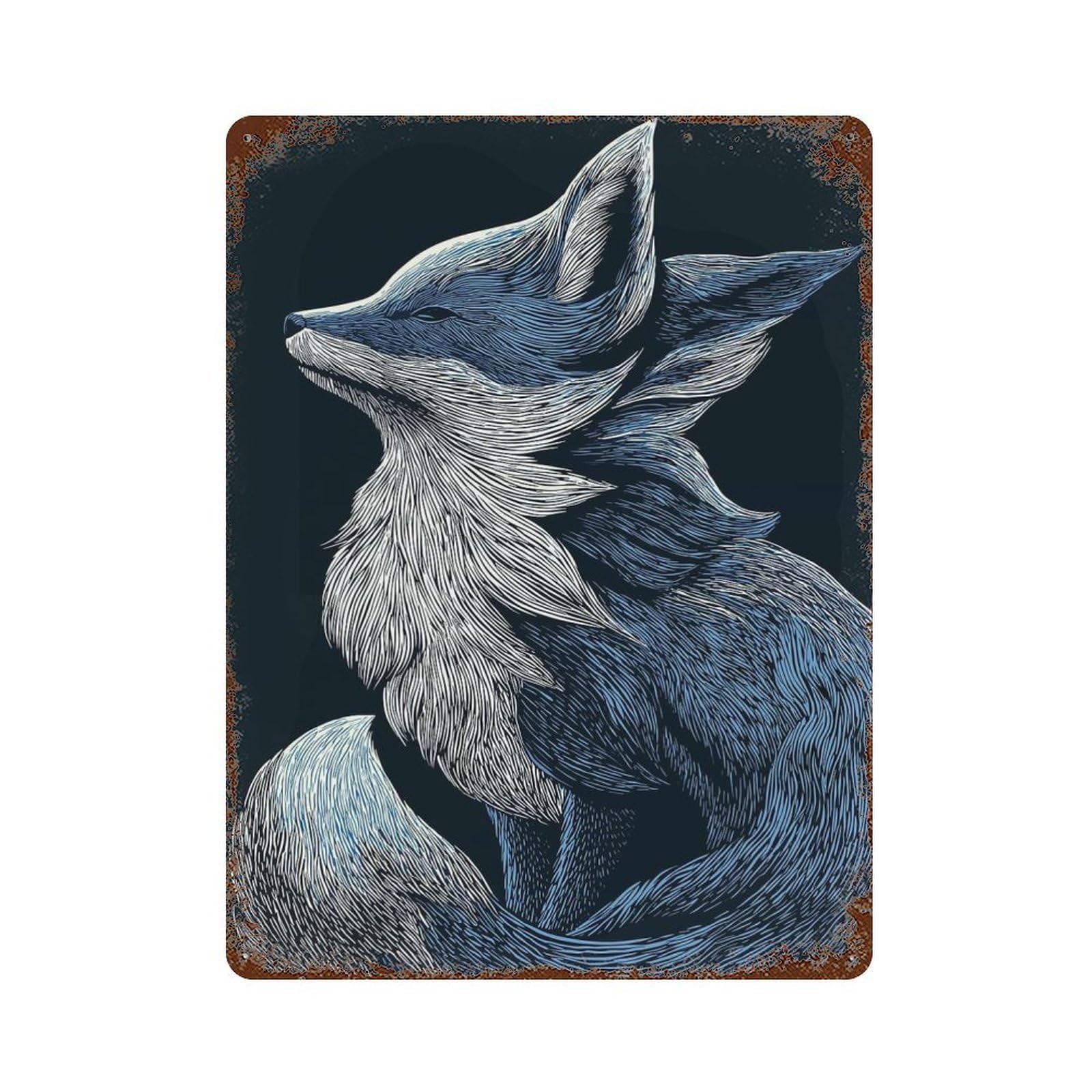 Blue And Fox Illustration Rustic Tin Plaque 15.7"x11.8", Ideal for Cafe, Home Bar And Lounge Decor