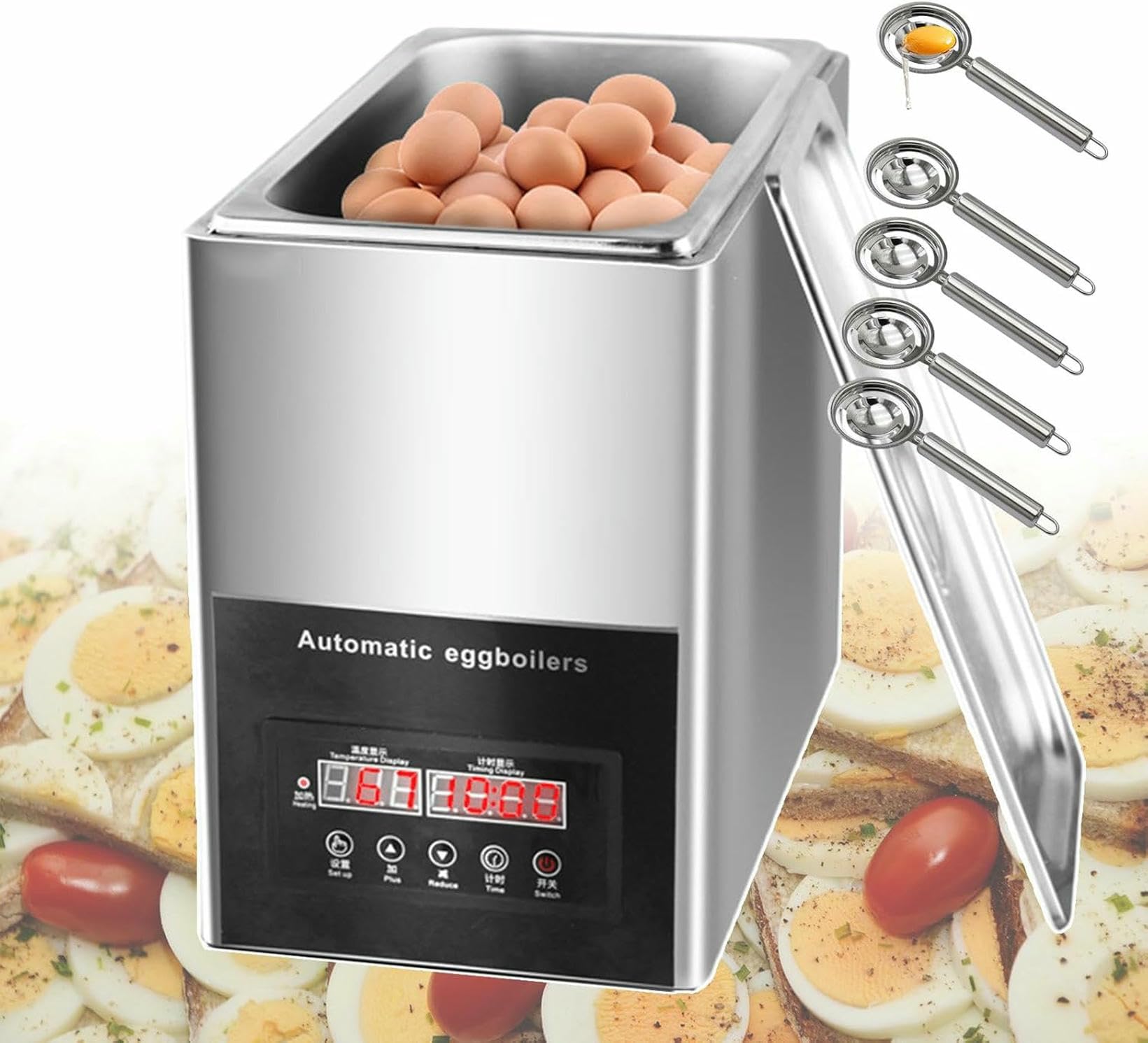 Cuiseur à œufs électrique 800 W, cuiseur à œufs à source chaude pour œufs durs, pocheuse, appareil à omelette automatique - Réglage de contrôle de température intégré de 30 à 90 ℃ (avec filtre à liq