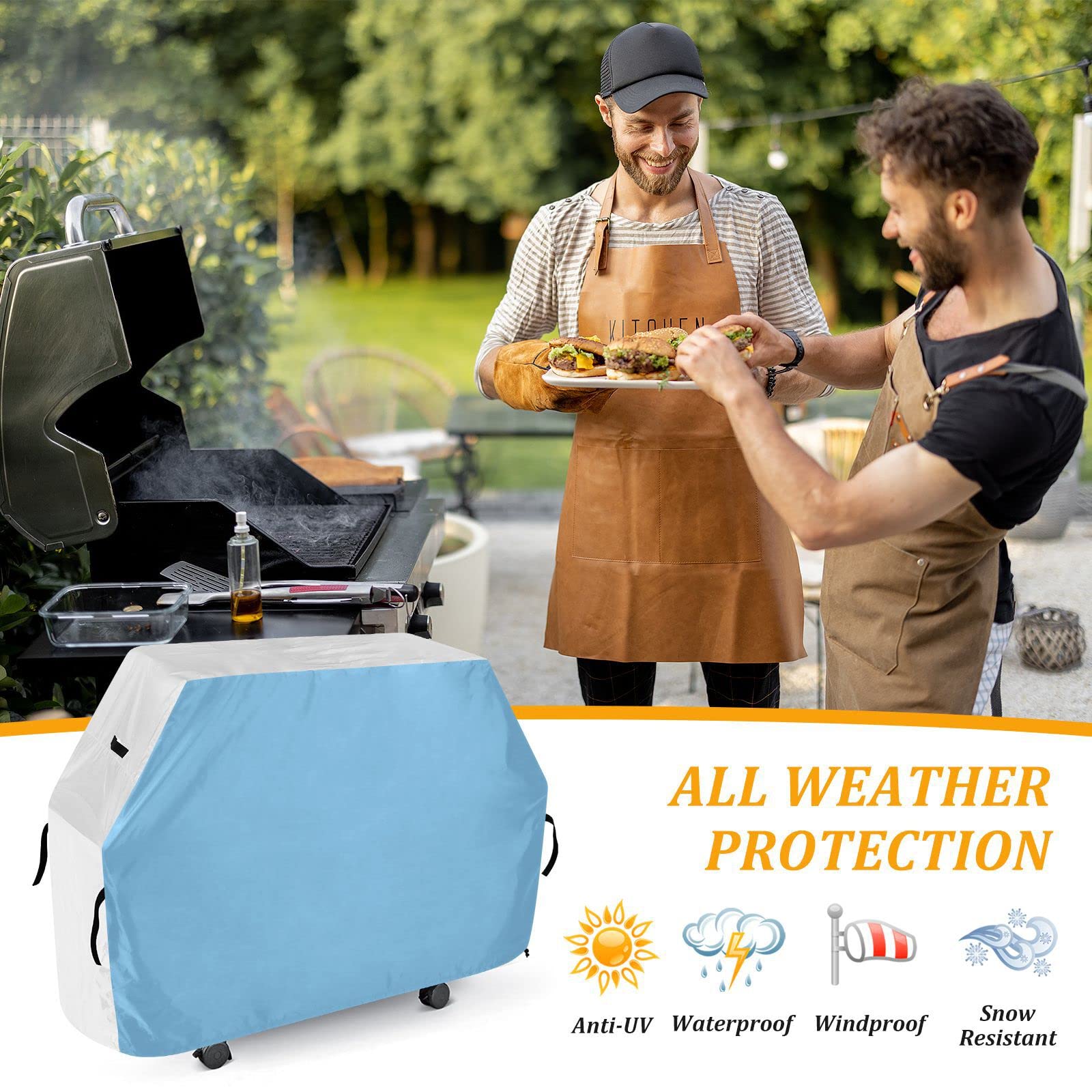 65 Zoll BBQ Grillabdeckung Wasserdicht & UV-beständig Outdoor Grill Gasgrill Schutz Verstellbarer Kordelzug Staub- & Windabweisend Hellblau