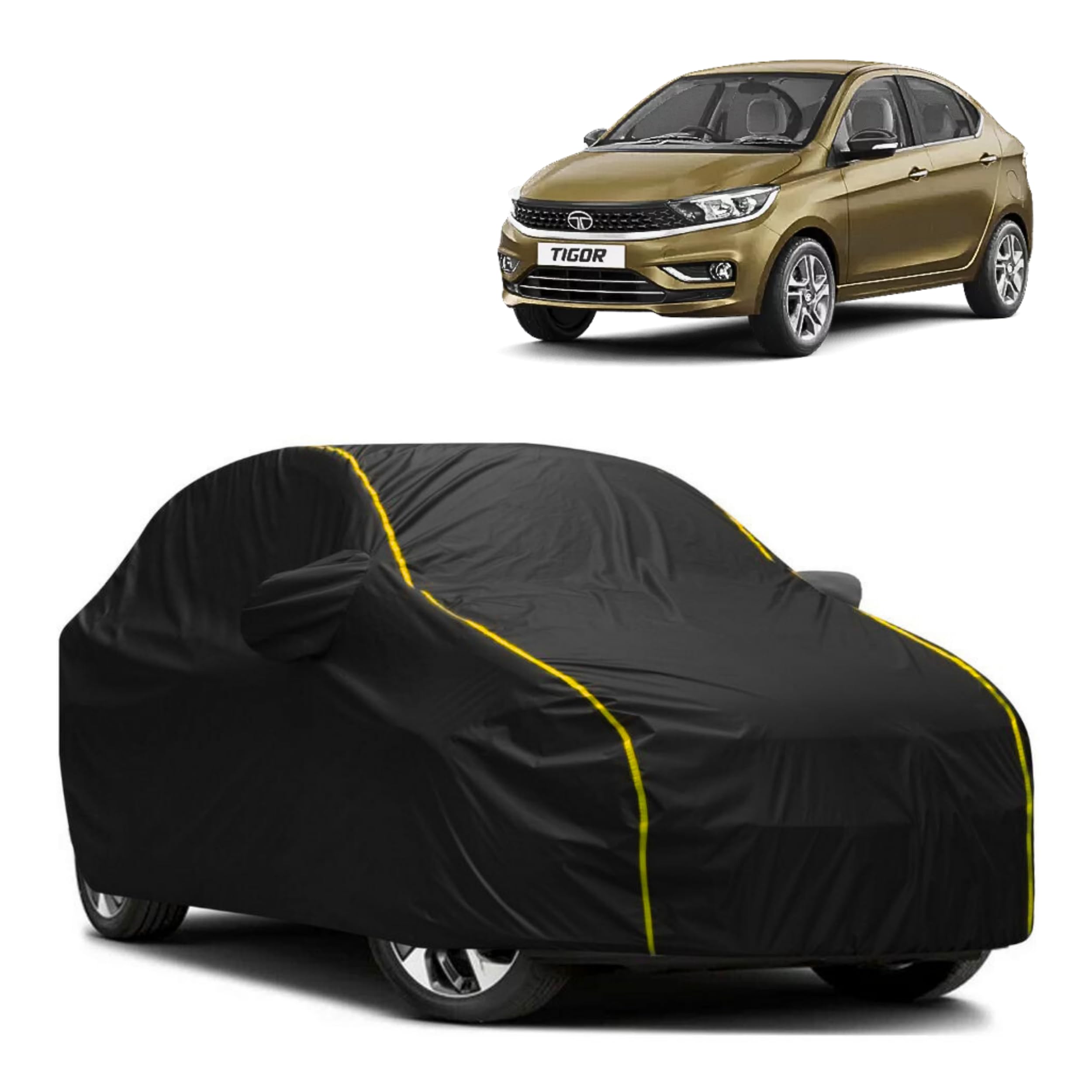 FAVY All Weather Proof Car Cover for TATA Tigor Black with Yellow Piping Triple Stitched Elastic Bottom Durable Protection for Vehicles Universal Fit