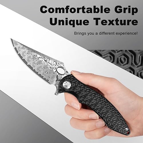 Vista 58 de Navaja de bolsillo con rompecristales, cuchillo plegable EDC Damasco con cortador de cinturón de seguridad, 3.35 pulgadas VG10 de hoja de acero