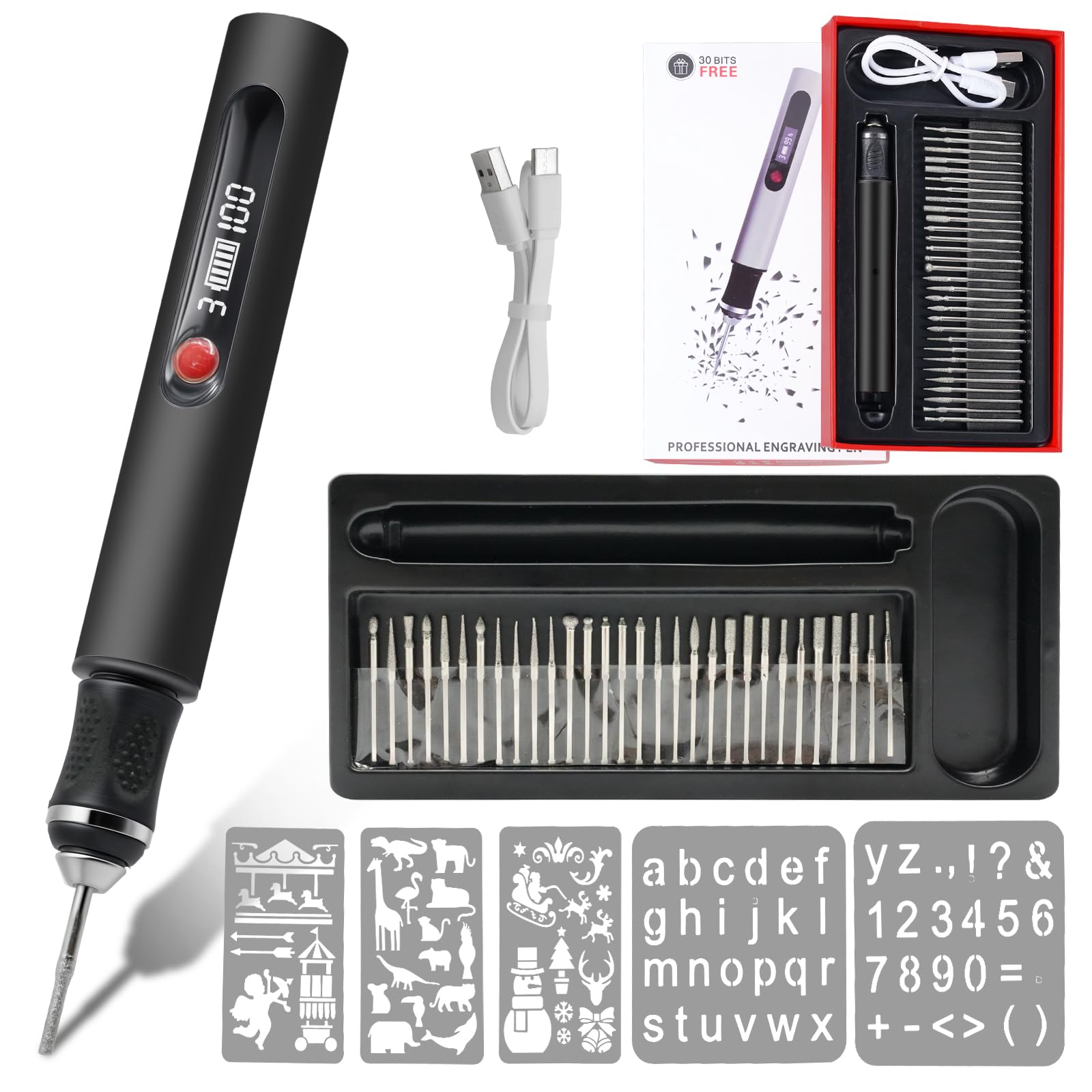 Pino de Grabado Eléctrico con 30 Bits Mini Bolígrafo Grabador, Herramienta de Grabado Portátil USB Carga Regulador de 3 Velocidades Hasta 25.000 U/min para Bricolaje Madera Vidrio Plástico, Negro