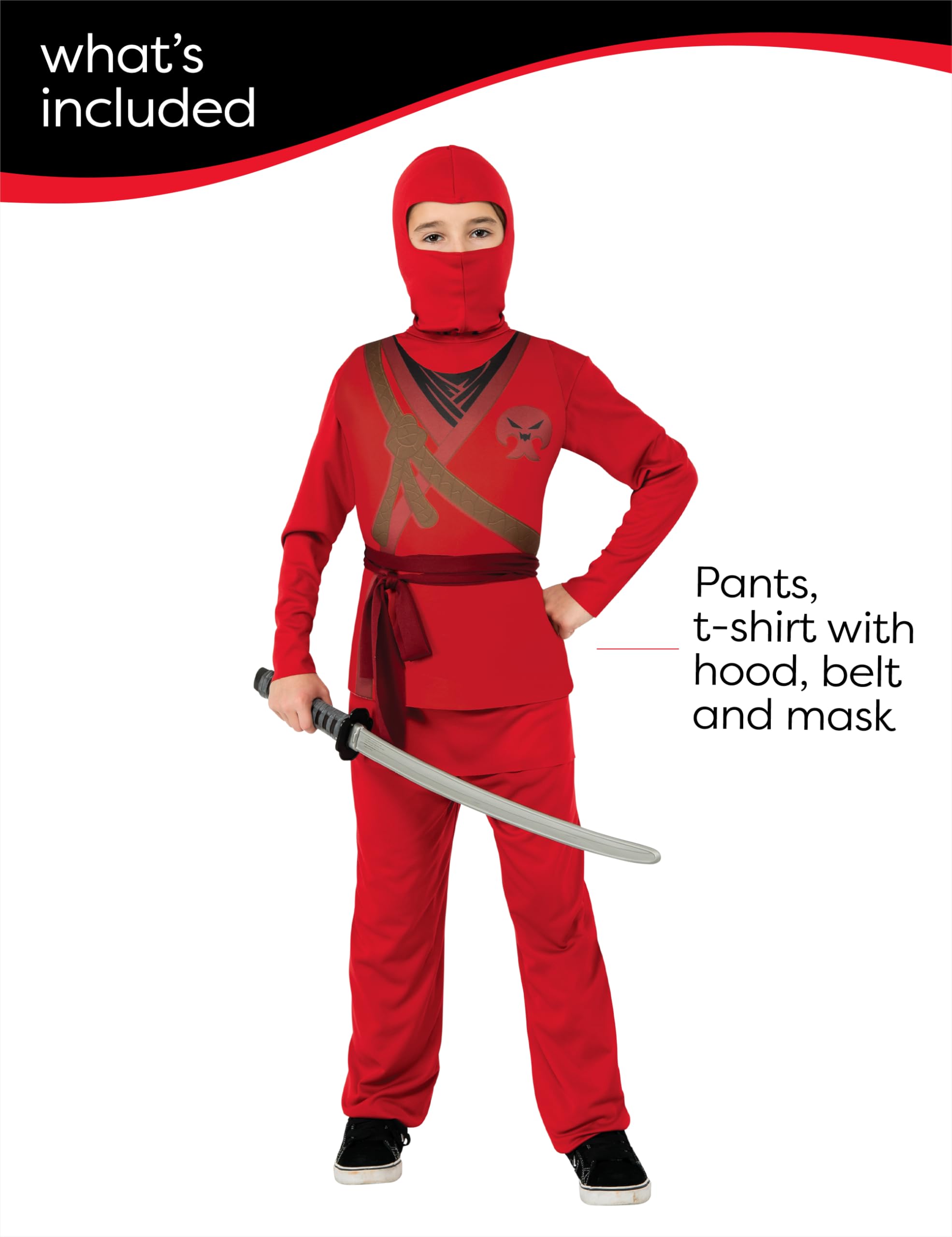 Rubies Ninja Skull Kostüm für Jungen mit Kapuze und Gürtel mit aufgedruckten Details auf der Brust, optimal für Halloween, Karneval und Geburtstag