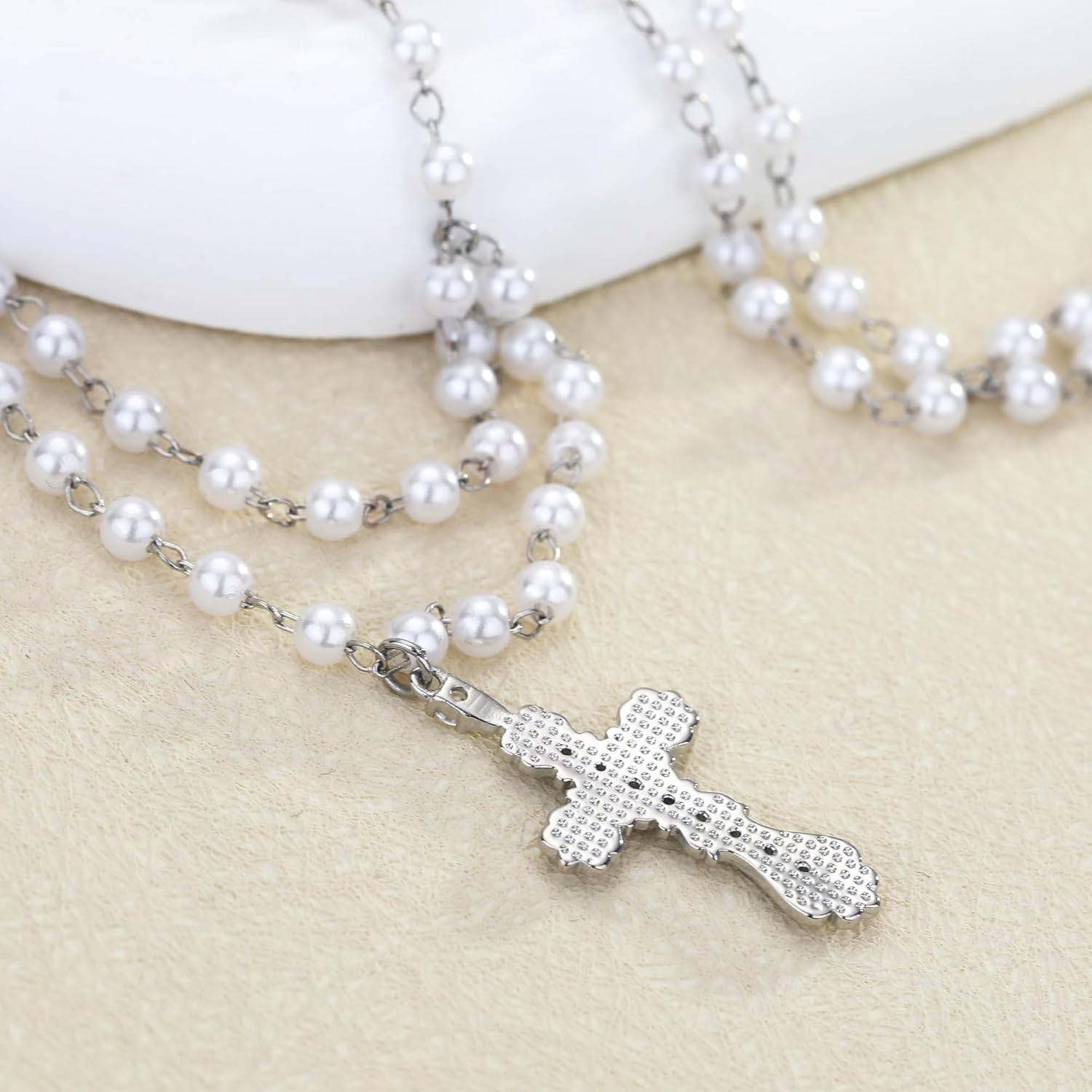 Catholic Cross Rosary Pearl Layered Beaded Necklace for Women, Gold Virgin Mary Gothic Diamond Crucifix Cross Rosarios Catolicos Jesus Religious Y-shaped Necklaces Praying Jewelry Gifts - Image 6
