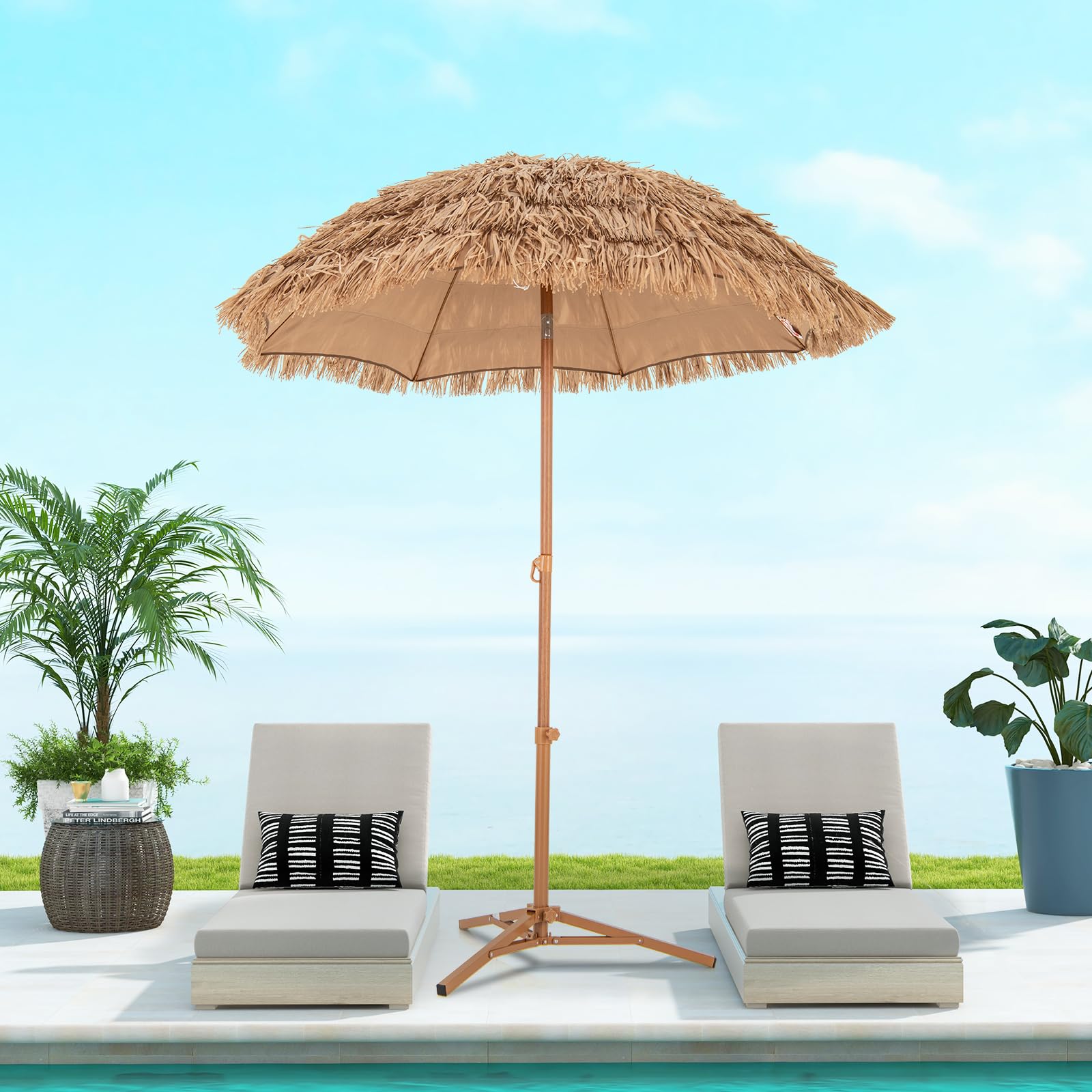 COSTWAY Sonnenschirm Hawaii, Strohschirm mit klappbarem Ständer, Strandschirm Stroh neigbar, Gartenschirm, Marktschirm, Terrassenschirm mit Tragetasche für Garten, Strand, Pool