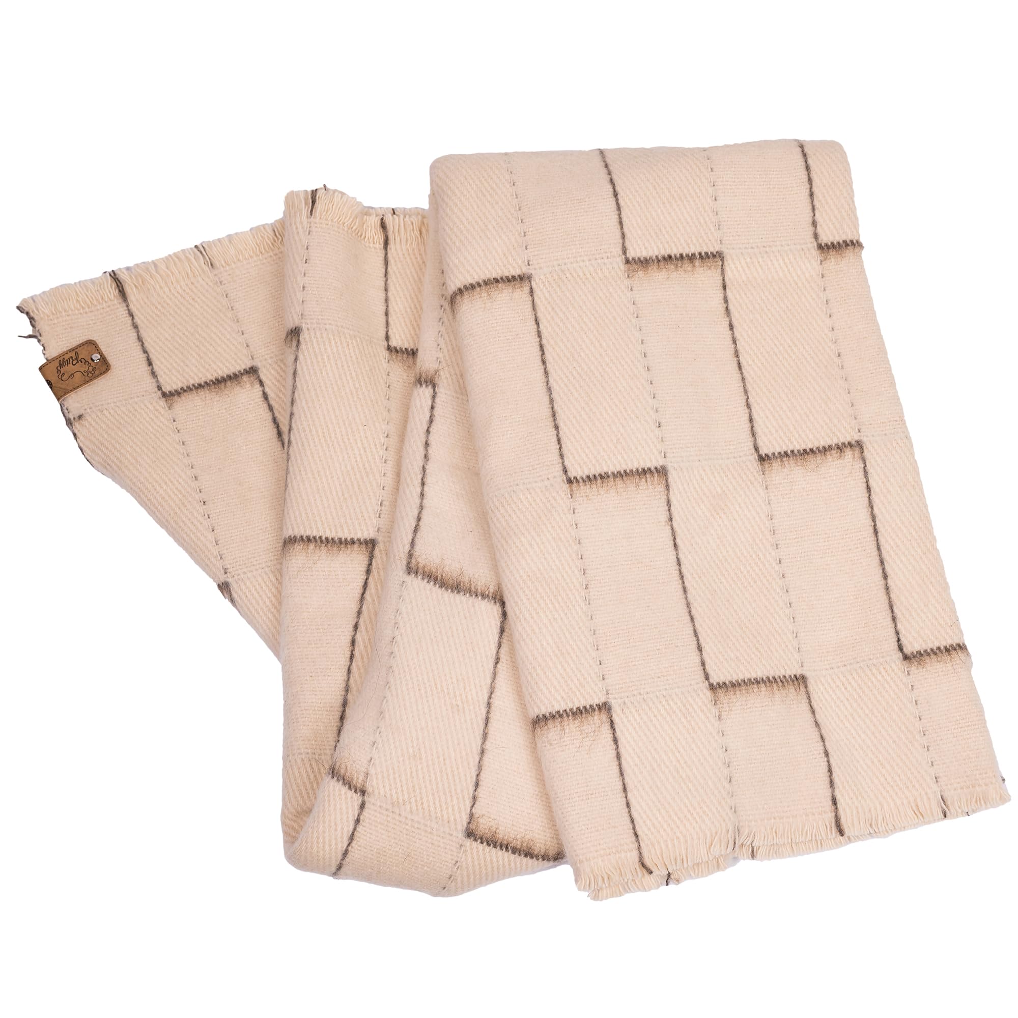 Ritzy Juniper Heavyweight, Unbleached Wool Blanket - Natural Cream and Brown Abstract, 60 x 80 Inches