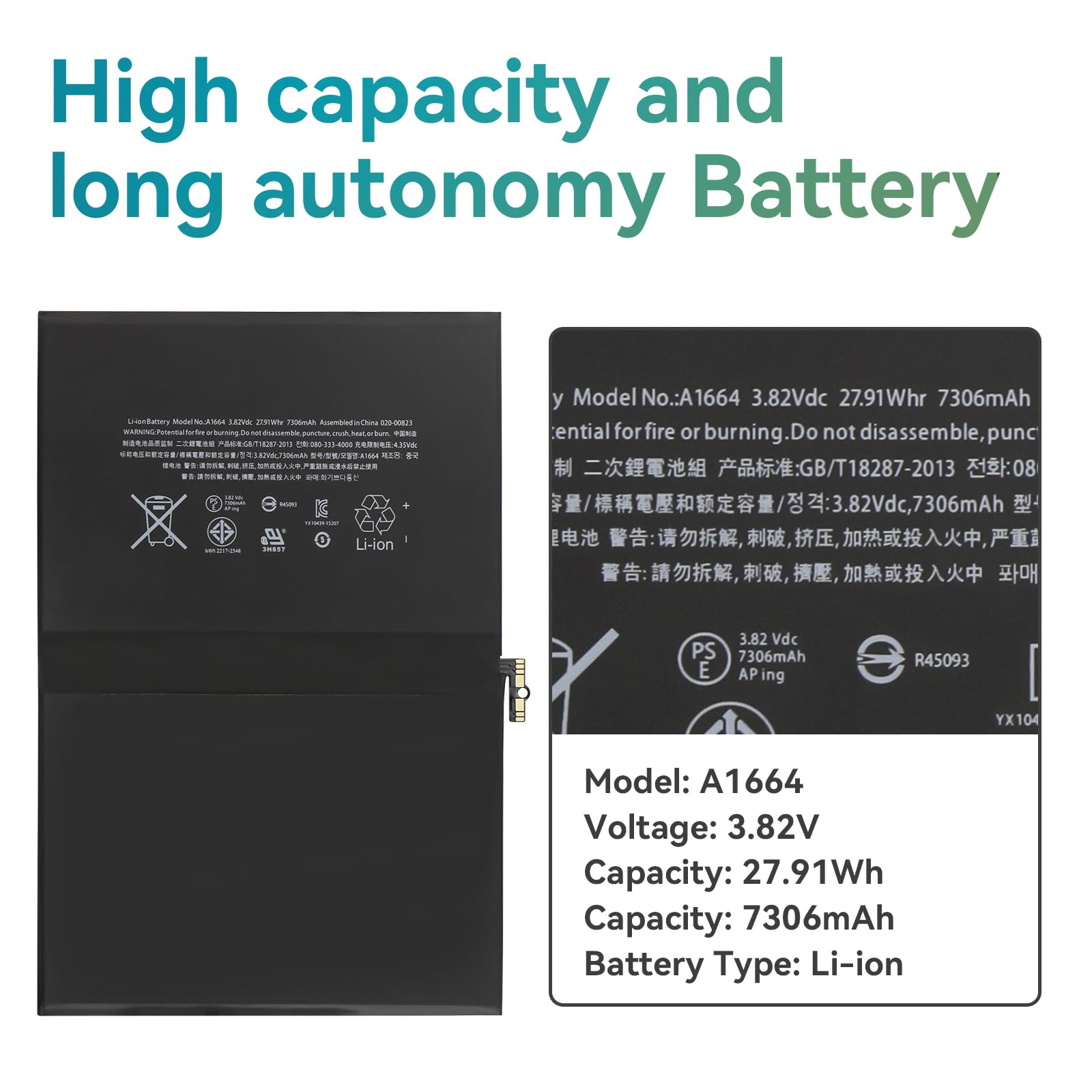 A1664 Batería para iPad Pro 9.7 A1673 A1674 A1675 iPad6,3 iPad6,4 EMC 2976 2977 32GB/128GB/256GB MLMP2LL/A MLMW2LL/A MLN02LL/A MLMN2LL/A MLMV2LL/A MLMY2LL/A MLMQ2LL/A MLMX2LL/A MLMP2B/A MLMW2B/A