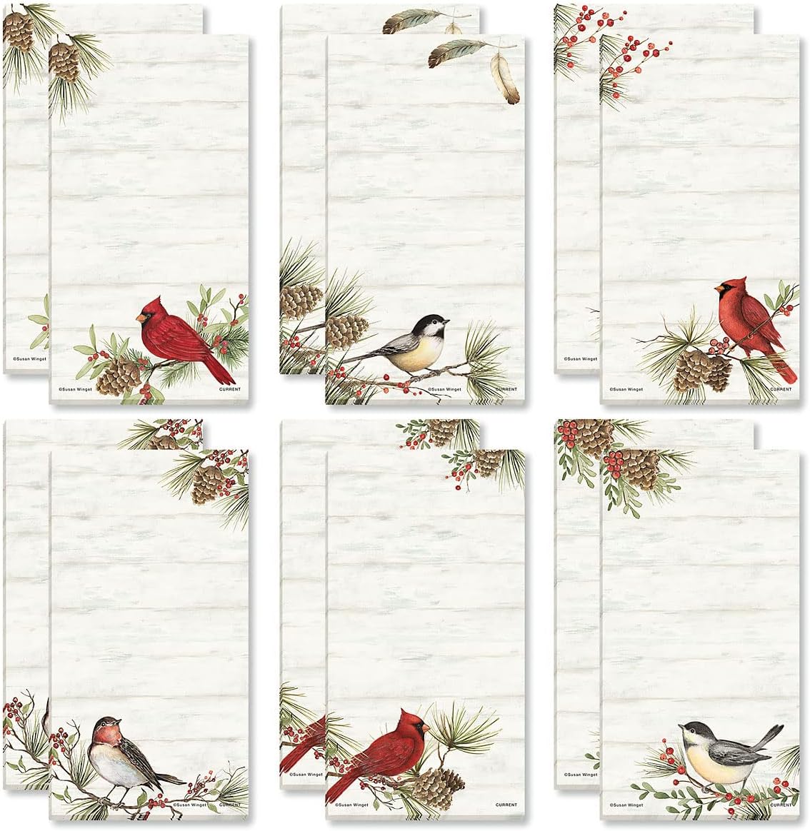 Current Cardinal Woodland Birds Magnetic Holiday Notepad Set – Set of 12 Memo Pads, 6 Designs, 30-Sheet Pads, 3½ x 6½ Inches, Shopping List, To-Do Notes, Printed in The USA
