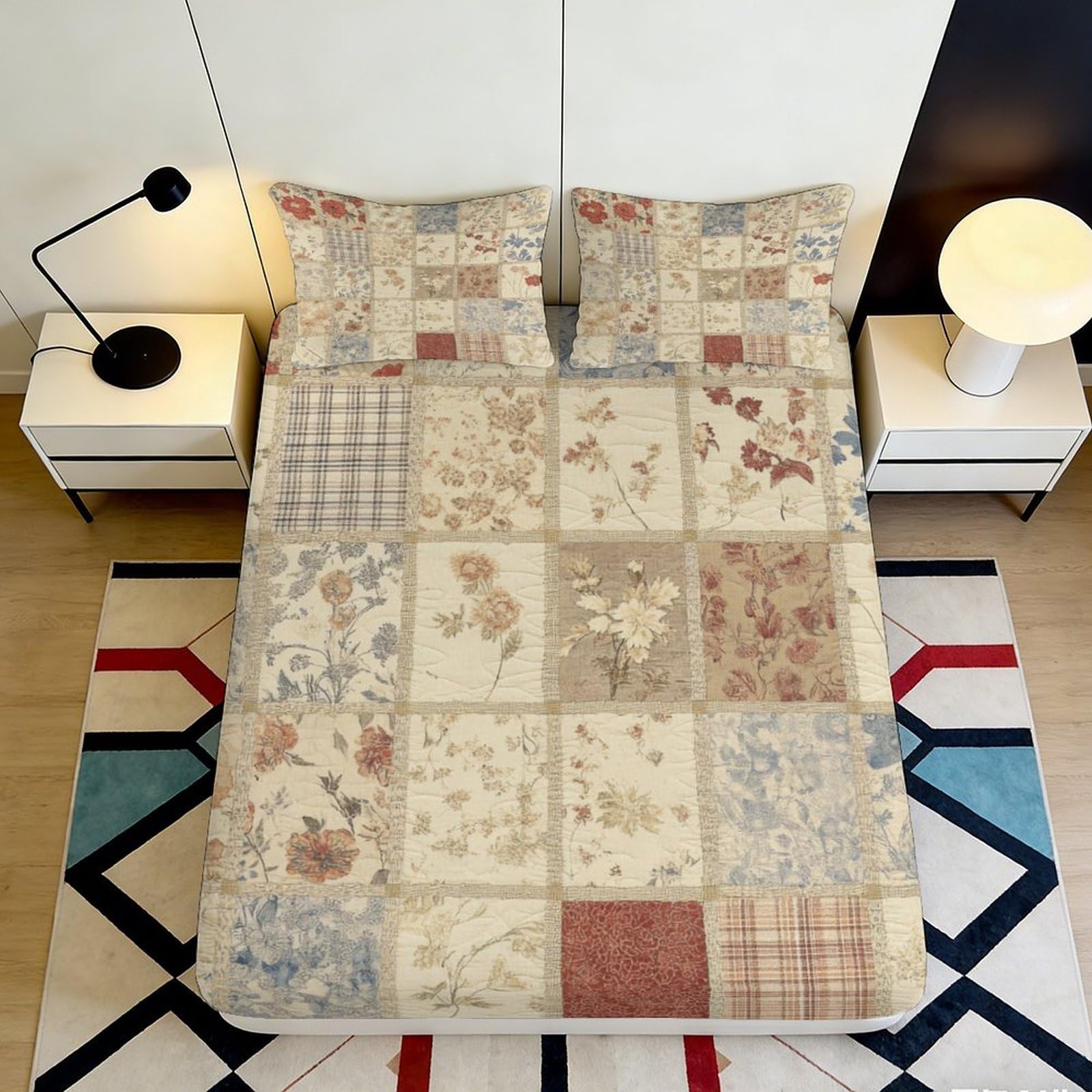 3D Printed Patchwork Floral Fitted Sheet Microfiber Elastic Hem Patchwork Floral Mattress Fitted Cover Deep Pocket Bedroom 140x200x25cm