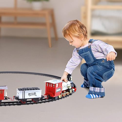 Miniatura 3 de Juego de tren eléctrico para niños con faro, sonido realista, tren de juguete a pilas, 1 locomotora, 2 compartimentos, 10 vías ferroviarias, regalo