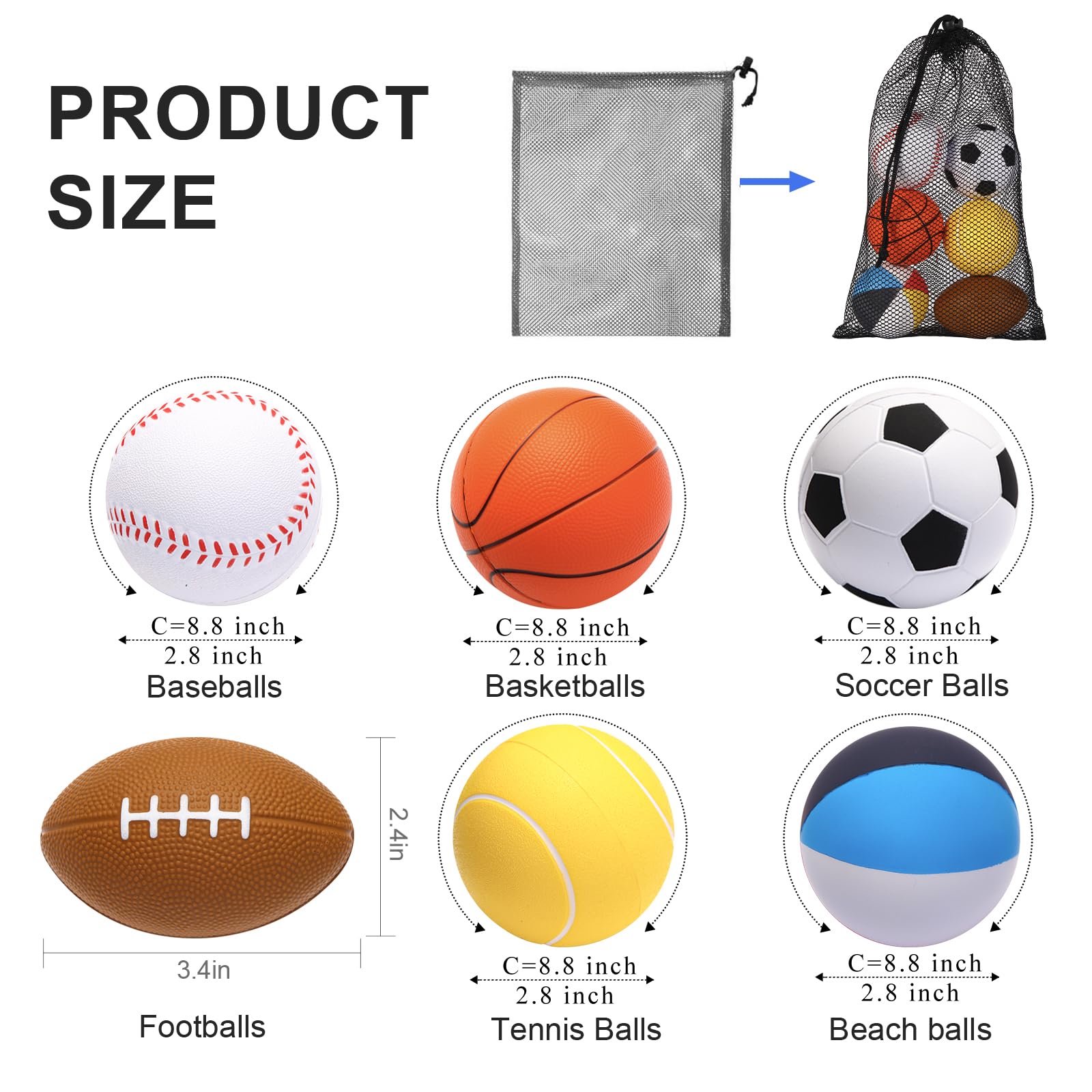 Mini Sports Balls Set of 6 Foam Ball for Kids 2.8 inch Soft Balls for Toddlers with Bag Includes Soccer, Basketball, Football, Baseball ,Tennis and Beach ball- Throwing Toys for Baby Boy and Girl