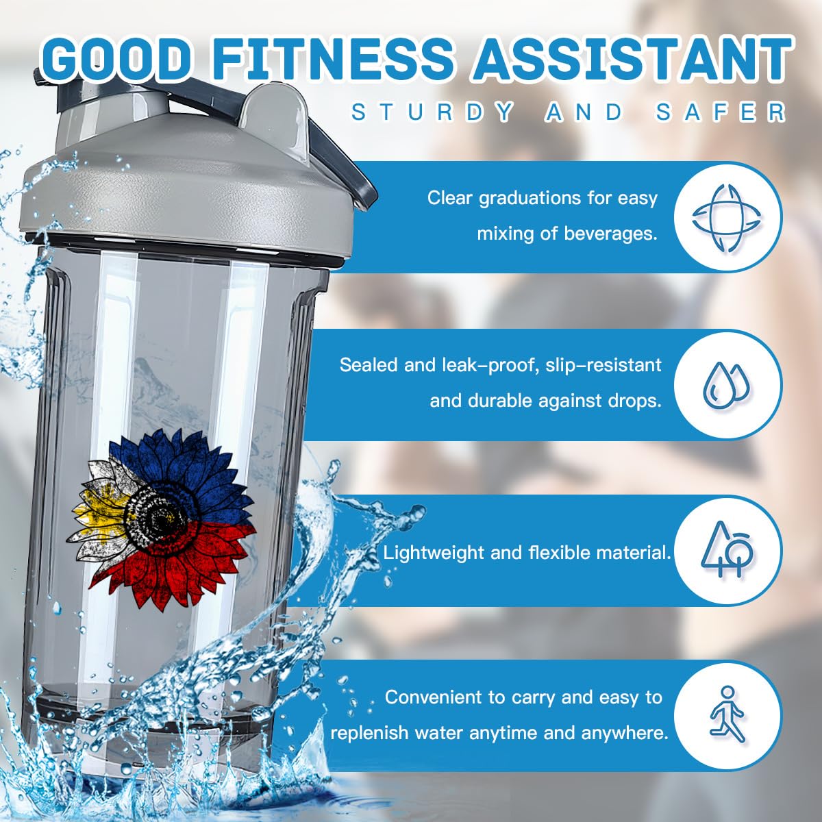 Vintage Sunflower Philippines philippinese Flag 18 Ounce Shaker Bottle Drink Mixer Leak-proof Pre Workout Protein Shakes Meal Replacement Shakes Bottles 500ML/18 Oz Gray