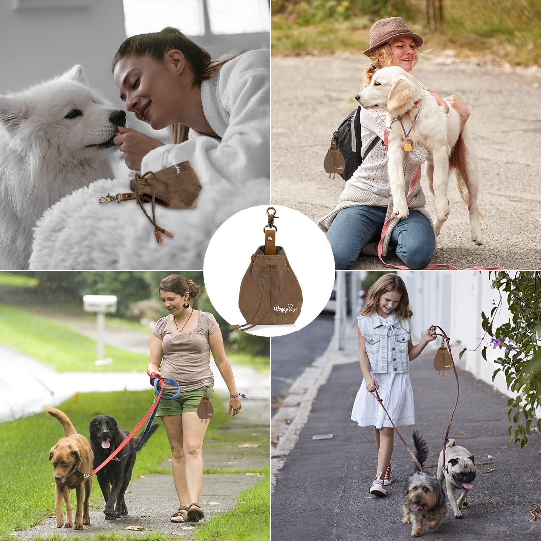 Sacchetto per cani in tela con clip e corda, per addestramento del cane (marrone)