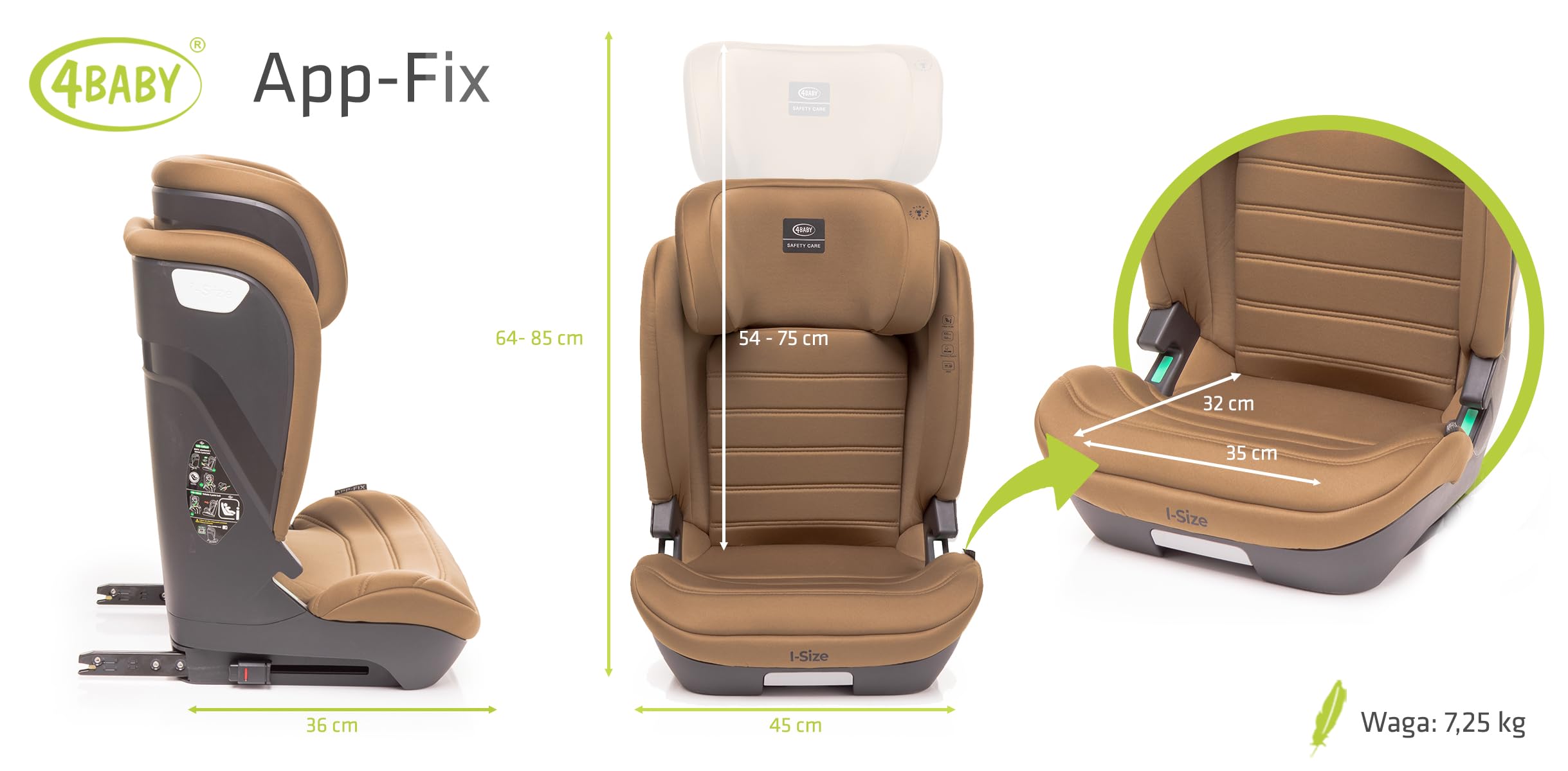 4Baby Kindersitz mit einfache ISOFIX-Montage App-Fix, 100-150 cm, verstellbar,15-36 kg, i-Size (Mokka)