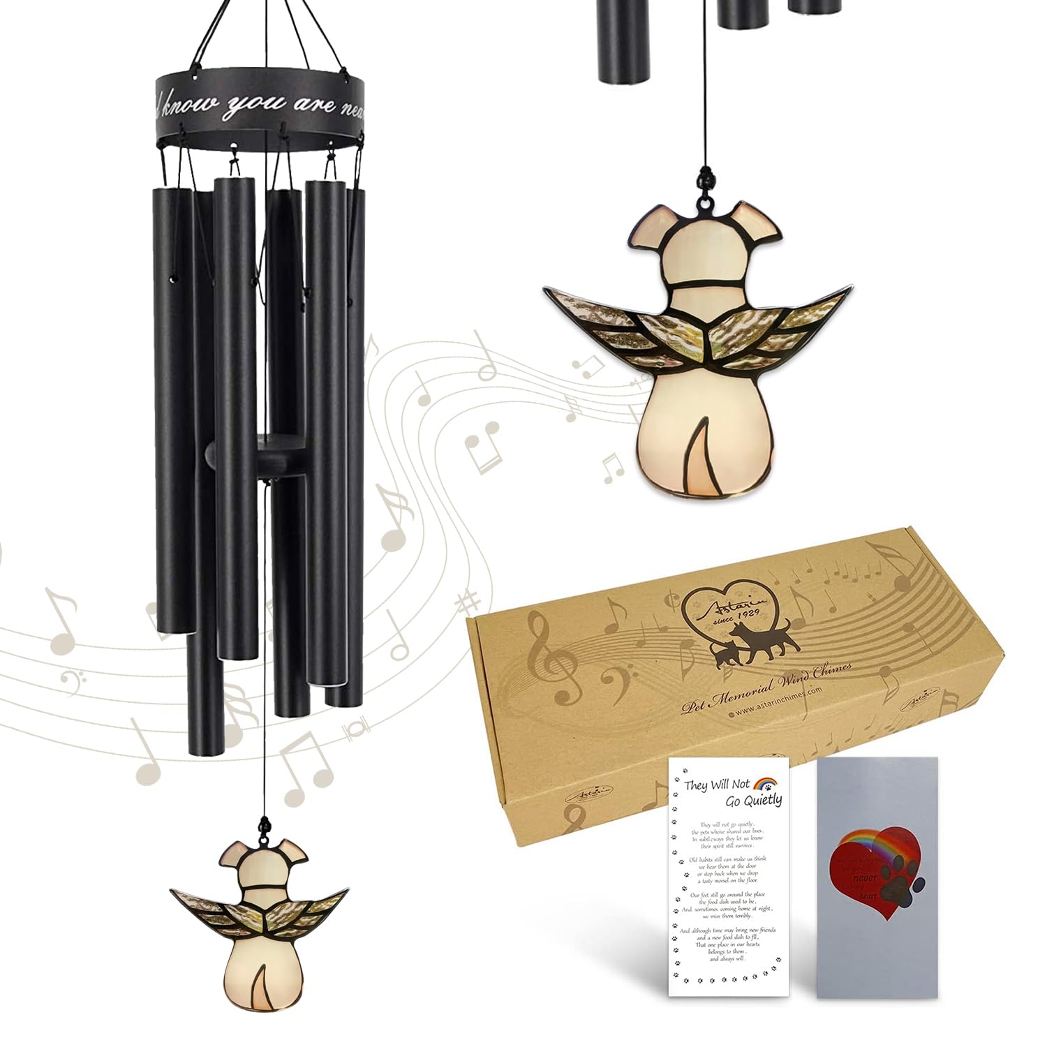 Pet Memorial Wind Chime, 30 Inches Paw Print Pet Remembrance Gift to Honor and Remember a Dog, Cat, or Other Pet, Premium Metal Wind Chime, Black Dogwings