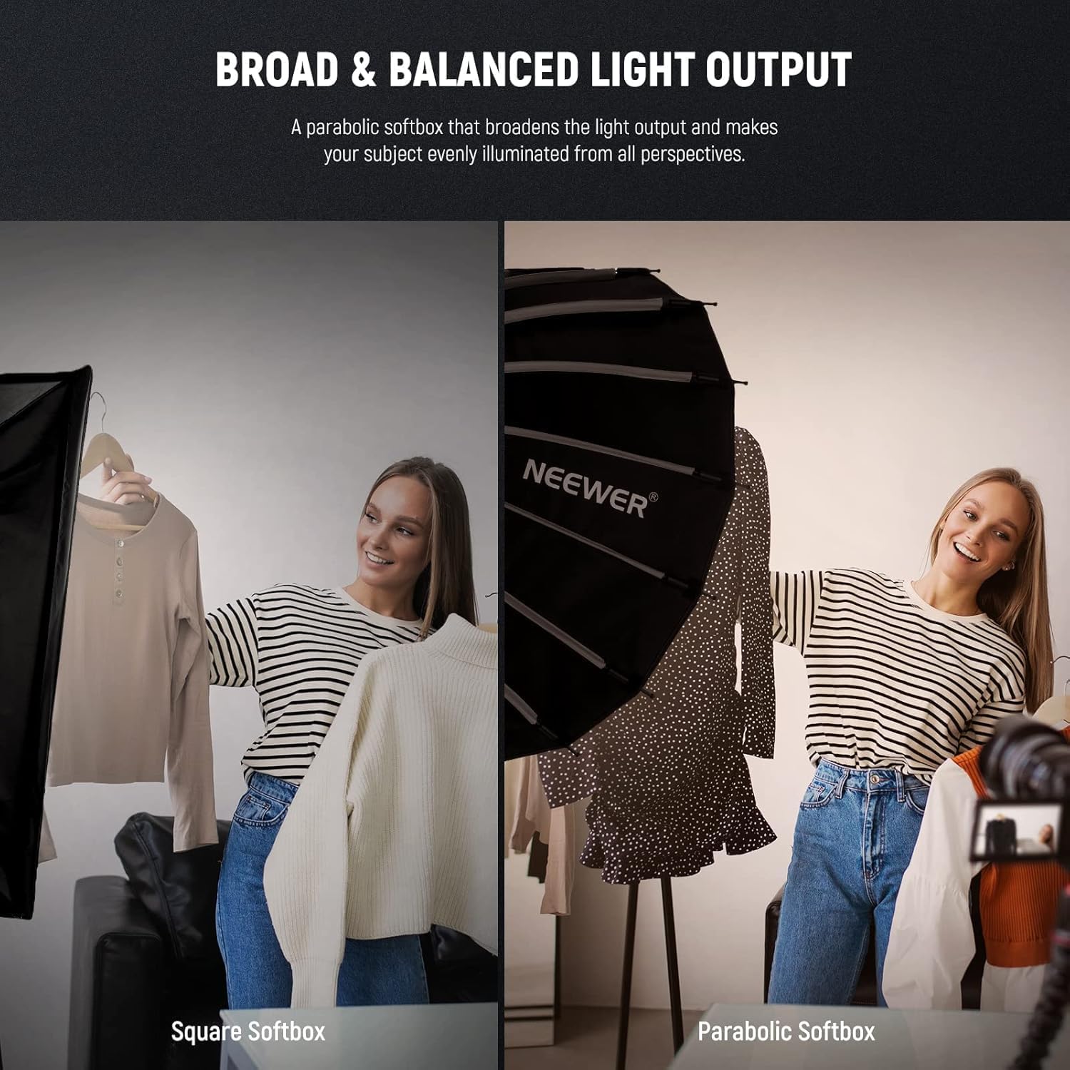 NEEWER Basics Kit Softbox Parabolique, 65cm, Monture Bowens, avec Diffuseurs de Lumière, pour Studio Photo, Enregistrement Vidéo, Streaming, éclairage, Compatible Godox, Aputure, NS37P