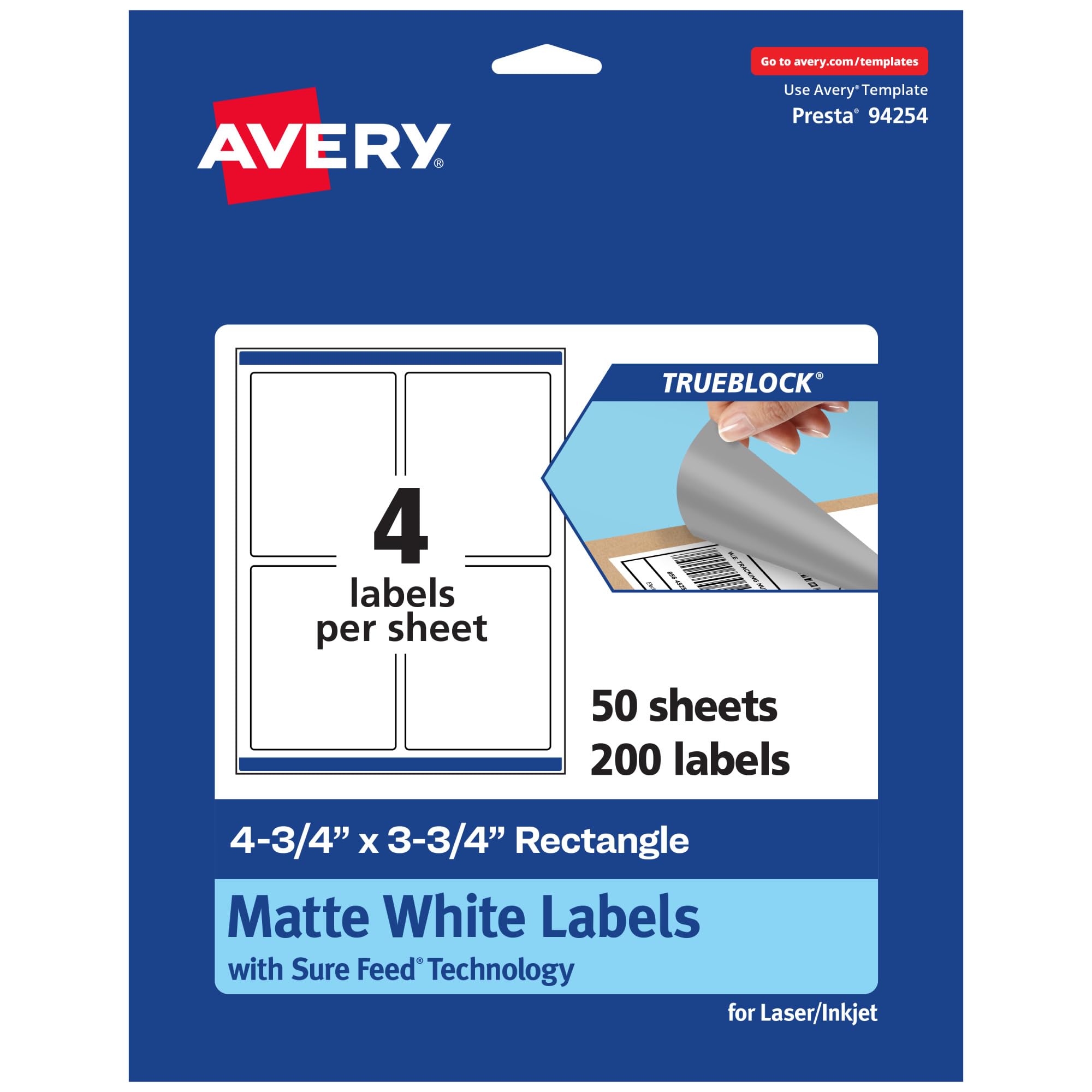 Avery TrueBlock Matte White Rectangle Labels, Sure Feed Technology, 4.75" x 3.75", 200 Matte White Labels, Print-to-The-Edge, Laser/Inkjet Printable,