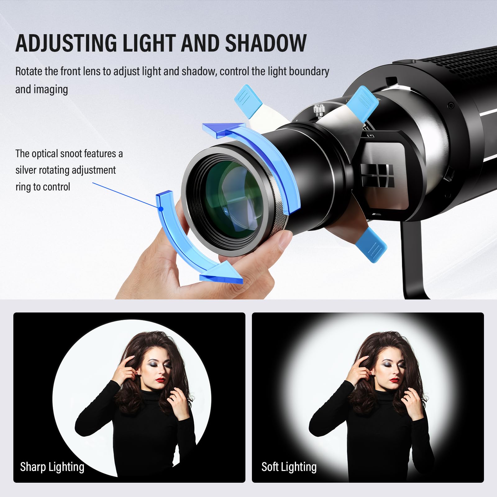 Soonpho KF80 Snoot Fotografico Messa a Fuoco Ottica Corpo in Alluminio Dotato di Attacco Bowens Slot per Scheda Magnetica Luminosità 5 Volte con 4 Filtri Colorati e 25 Modelli GOBO per la Fotografia
