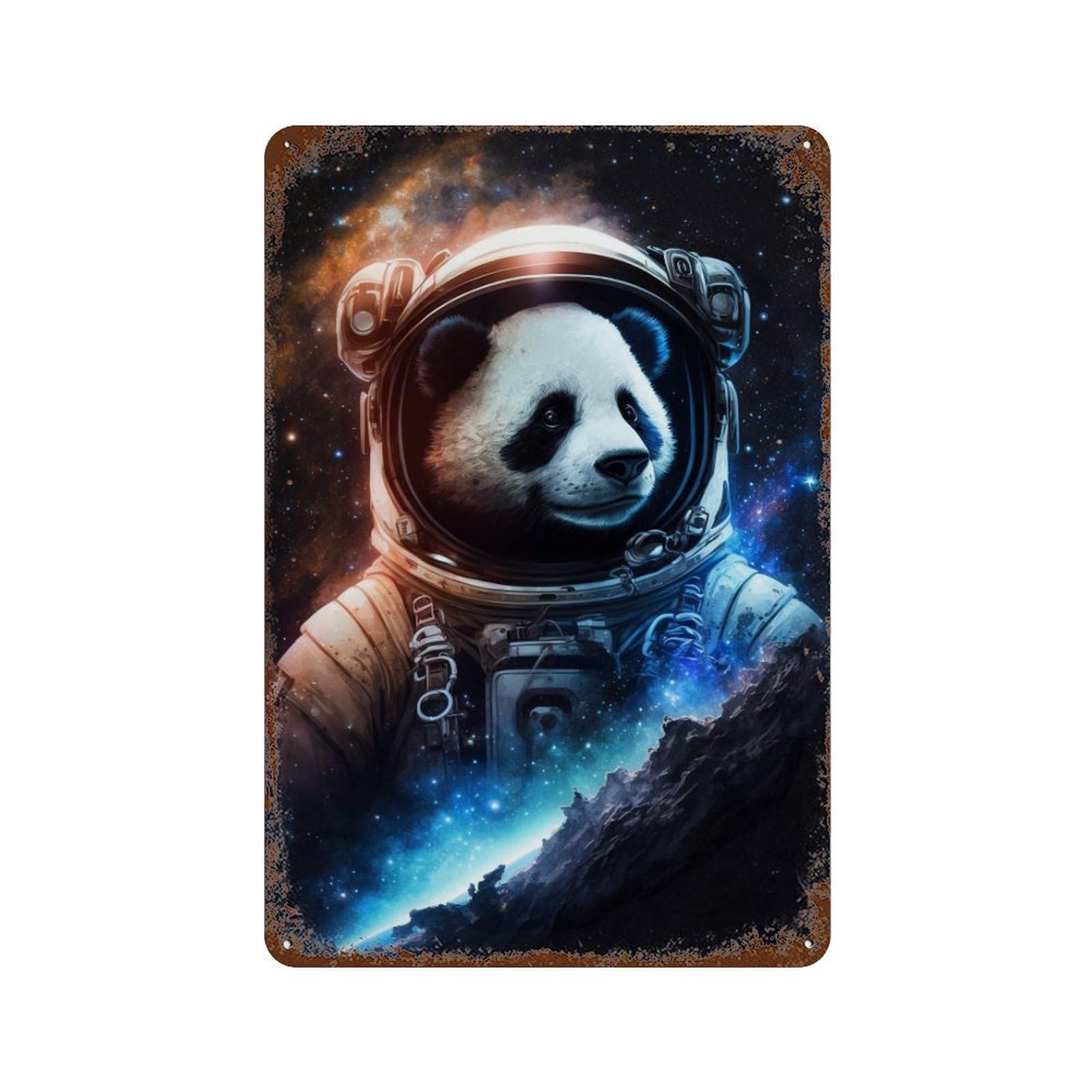 Panda Astronaut in Space-3 11.8"x7.9" Vintage Rust Metal Sign, Novelty Wall Decor for Living Room, Hallway And Home Decor