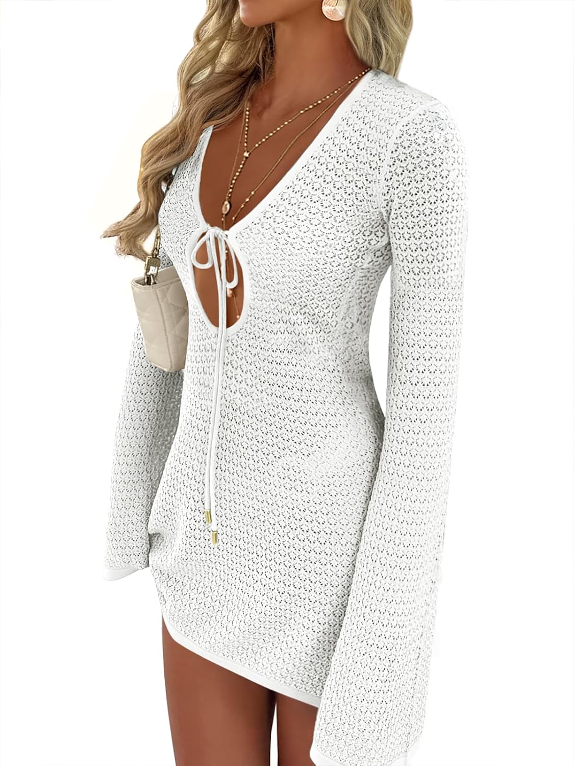 ANRABESS Swimsuit Cover Up for Women Crochet Bathing Suit 2026 Summer Swimwear V Neck Mesh Knit Dress Beach Vacation Clothes