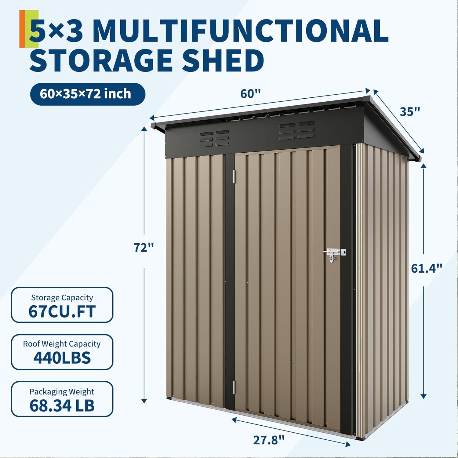 GarveeLife 5x3 FT Outdoor Storage Shed, Tool Shed with Sloping Roof and Lockable Door, Compact Metal Tool Garden Shed for Garden, Backyard, Patio (Brown) Brown 5×3FT