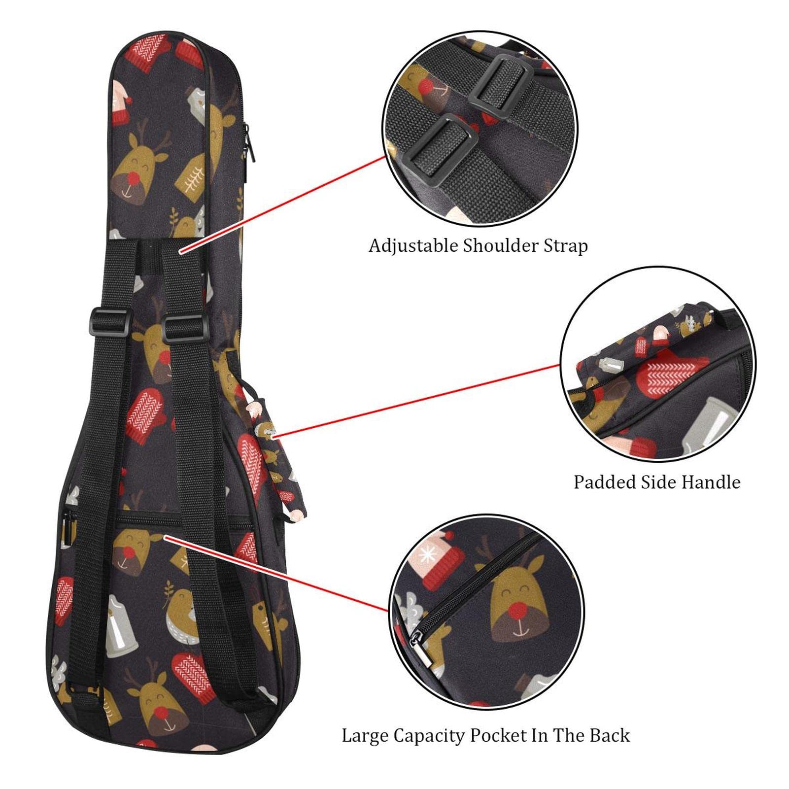 Sac à dos robuste pour ukulélé de concert - Sac de rangement pour ukulélé soprano - Sac rembourré de 10 mm - Noir - Chapeau de Noël