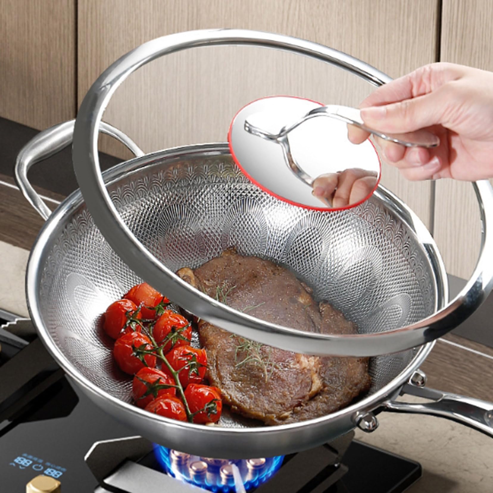 Padella in titanio 100% puro, padella antiaderente con doppio manico e coperchio, resistente ai graffi e al calore, padelle antiaderenti durevoli adatte a tutti i piani cottura 28cm