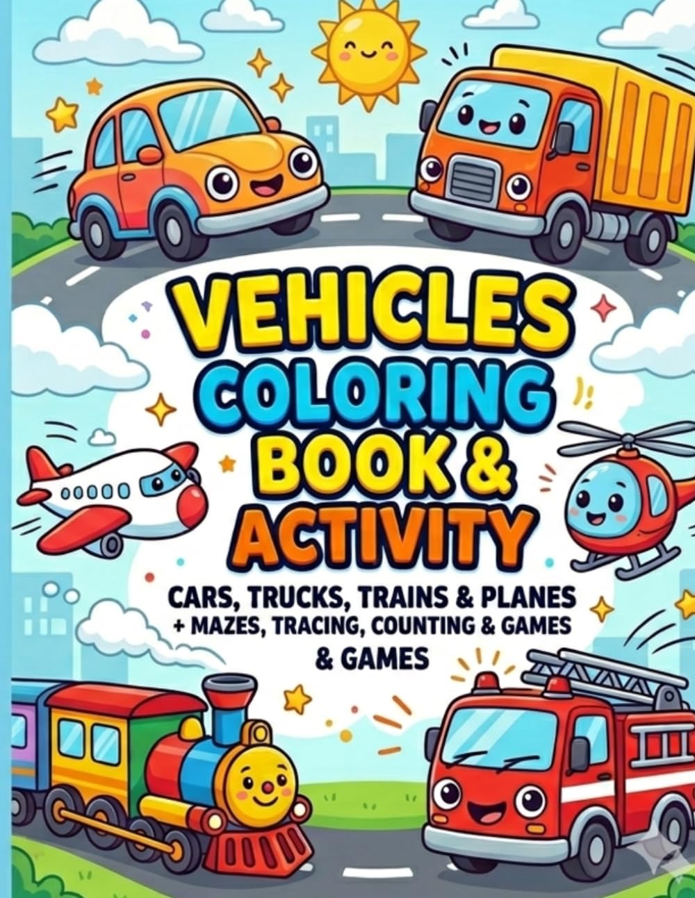 Vehicles Coloring & Activity book for kids ages 4-8 Cars,tracks, trains, planes+Mazes, tracing, counting Games