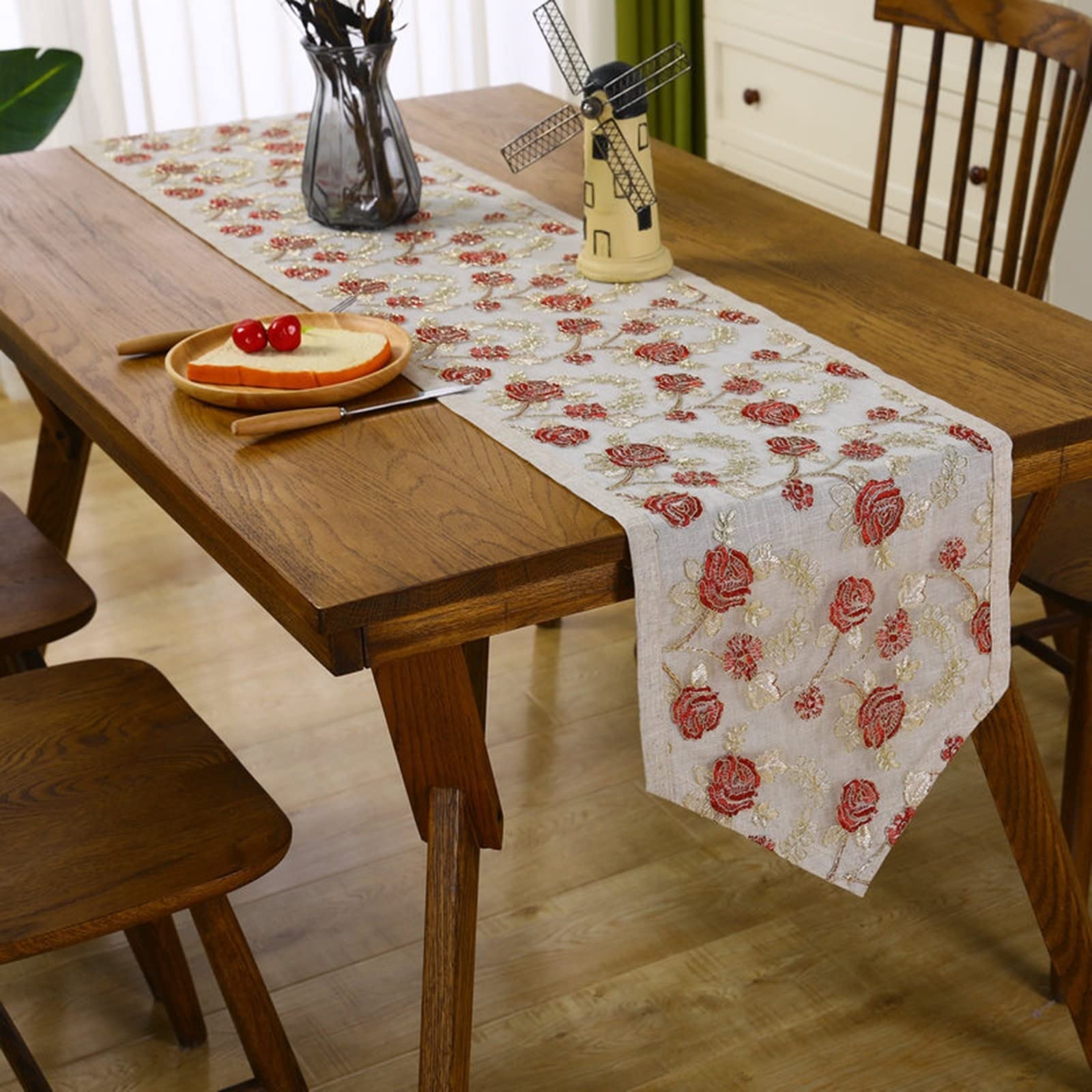 Runner da tavolo rosso, runner da tavola con ricamo, motivo floreale, in poliestere, 35 x 250 cm, decorazione per tavolo di Natale
