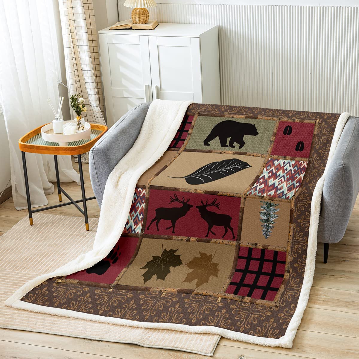 Loussiesd Bear Sherpa Blanket Farmhouse Deer Bear Throw Blanket for Bed Sofa Kids Ultra Soft Nature Red Brown Grid Plush Blanket Hunting Fuzzy Blanket Baby 30x40 Inch