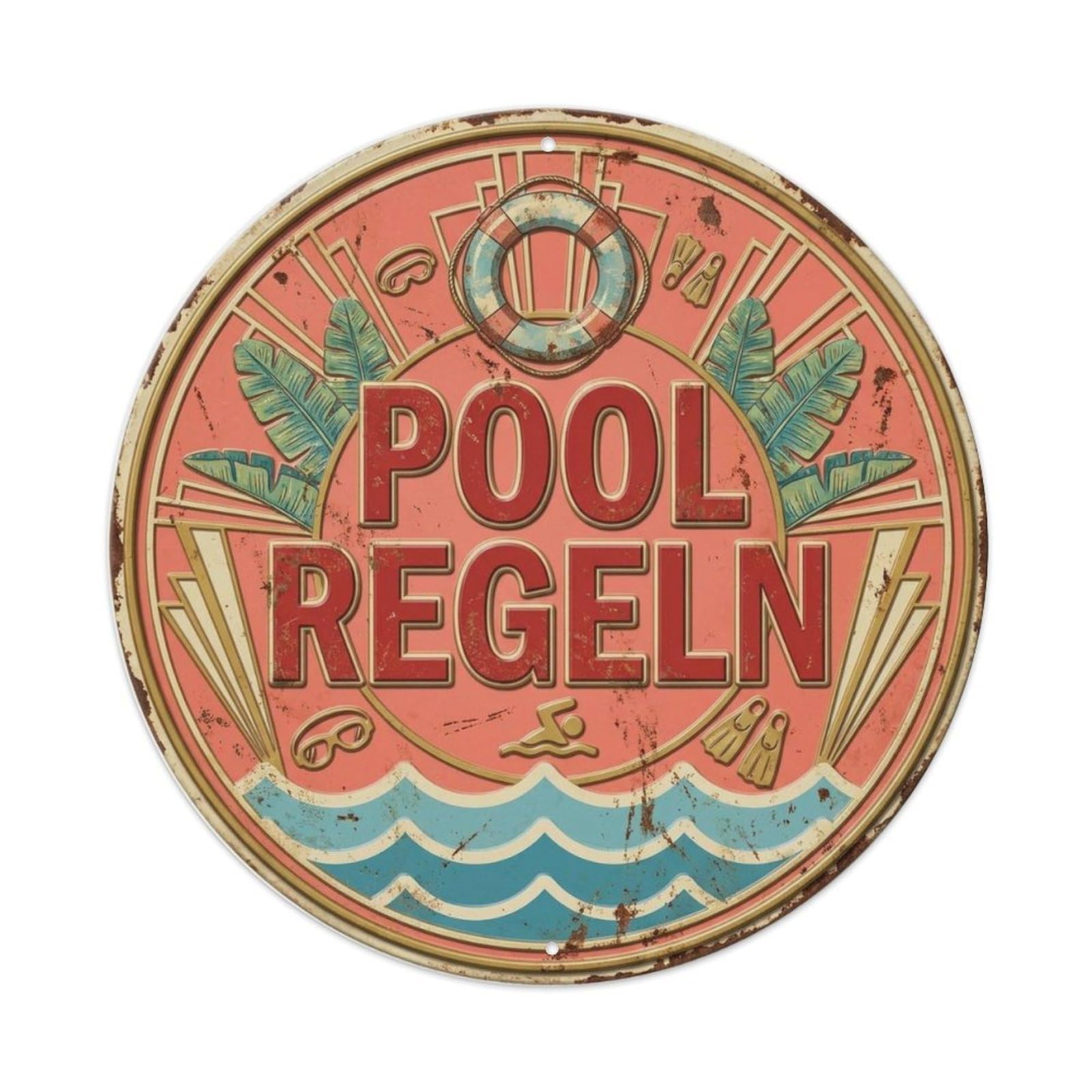 Pool Rules Oasis Safety Warning Vintage Swim Zone Badge Metal Tin Sign Plaque Wall Decor for Cafe, Man Cave, Club Bar, Office, Home Garden Round Metal Poster 8x8Inch