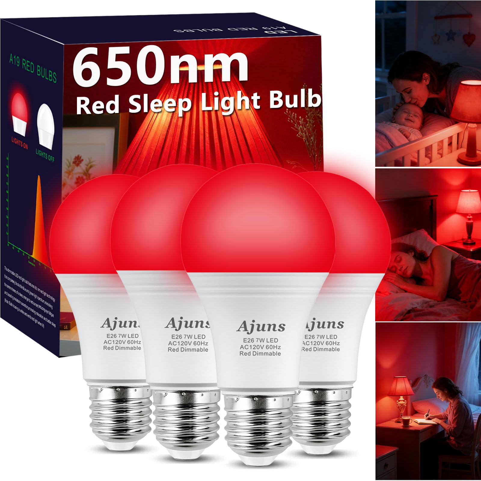 Ajuns 650nm LED Red Sleep Light Bulb Dimmable, 100% Blue Light Blocking Bulb Promoting Melatonin Red Light Bulbs, A19 7W E26 Base Dim Light Bulbs for