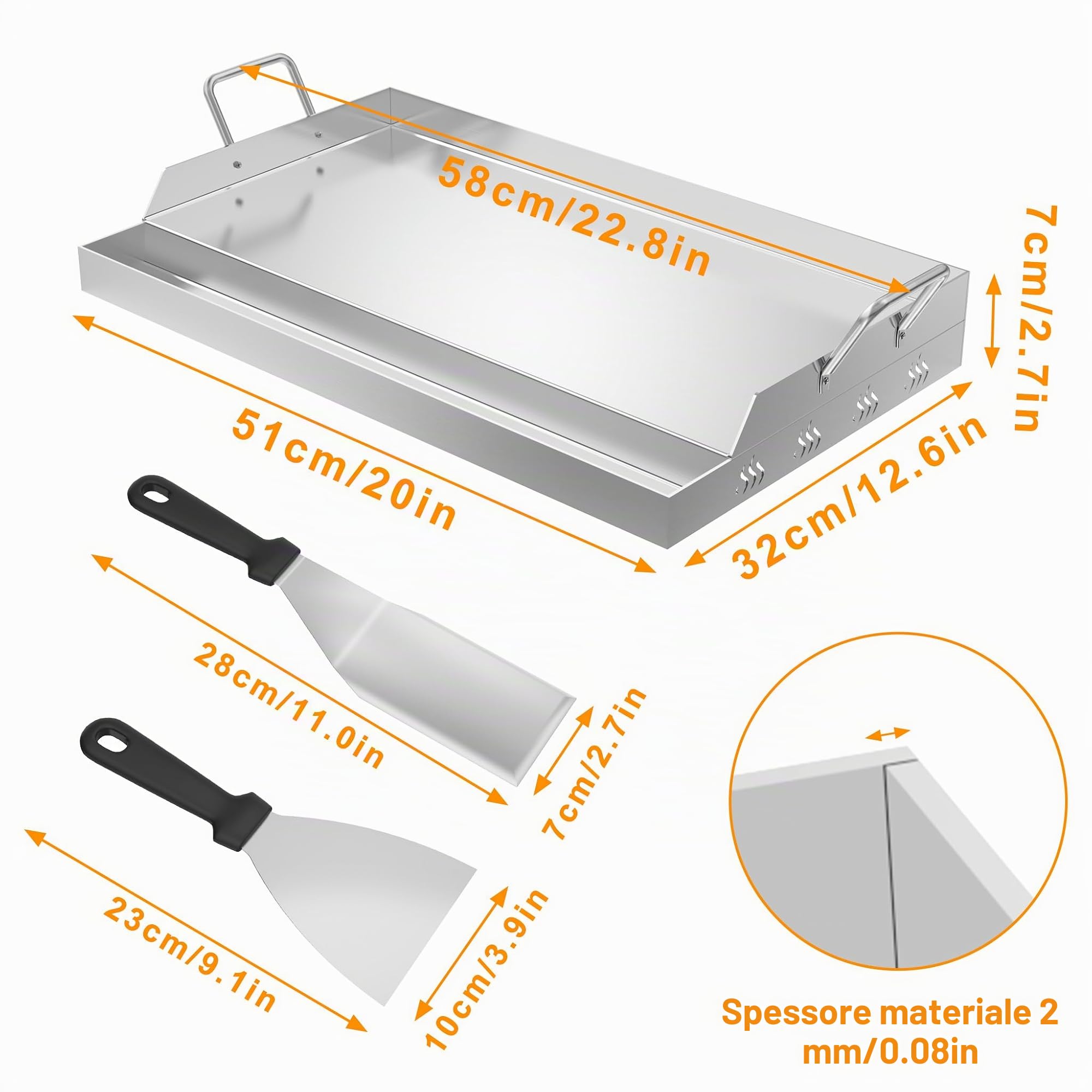 Froadp Piastra in acciaio inox | Piastra universale per barbecue 51x32x7 cm con canaletta per l'olio | Piastra per barbecue a gas e a carbonella | Accessori per barbecue inclusi spatola e manici