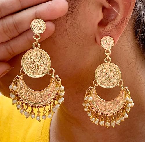 Miniatura 8 de Touchstone Aretes indios para mujer, joyería de oro, lámpara folklórica, colgante chandbali, declaración gitana, tradicional, boda, novia, moda