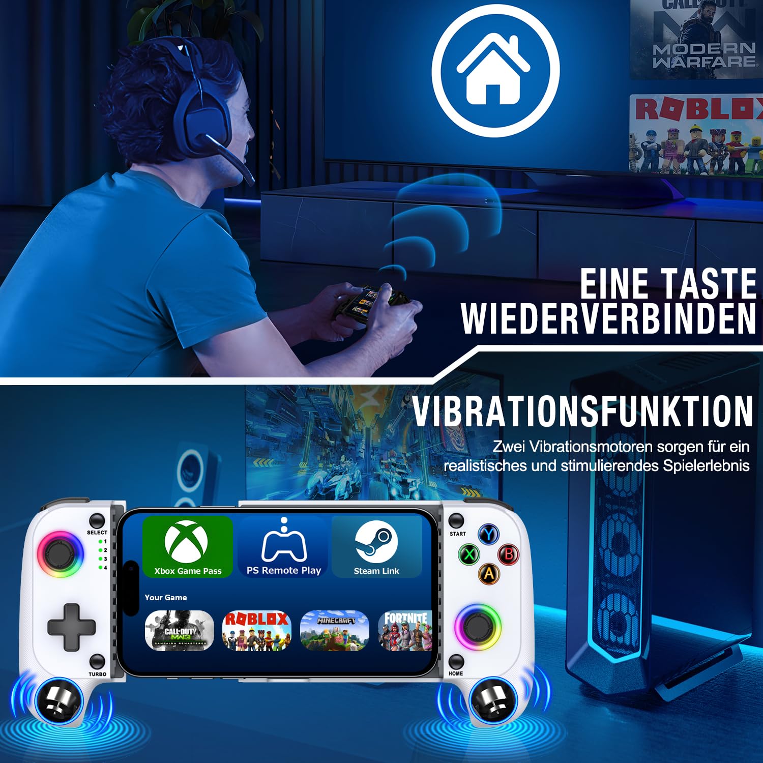 Elegamefy Controller cellulare per iPhone/Android, smartphone controller con joystick aggiornato senza zone morte, luce Coloful