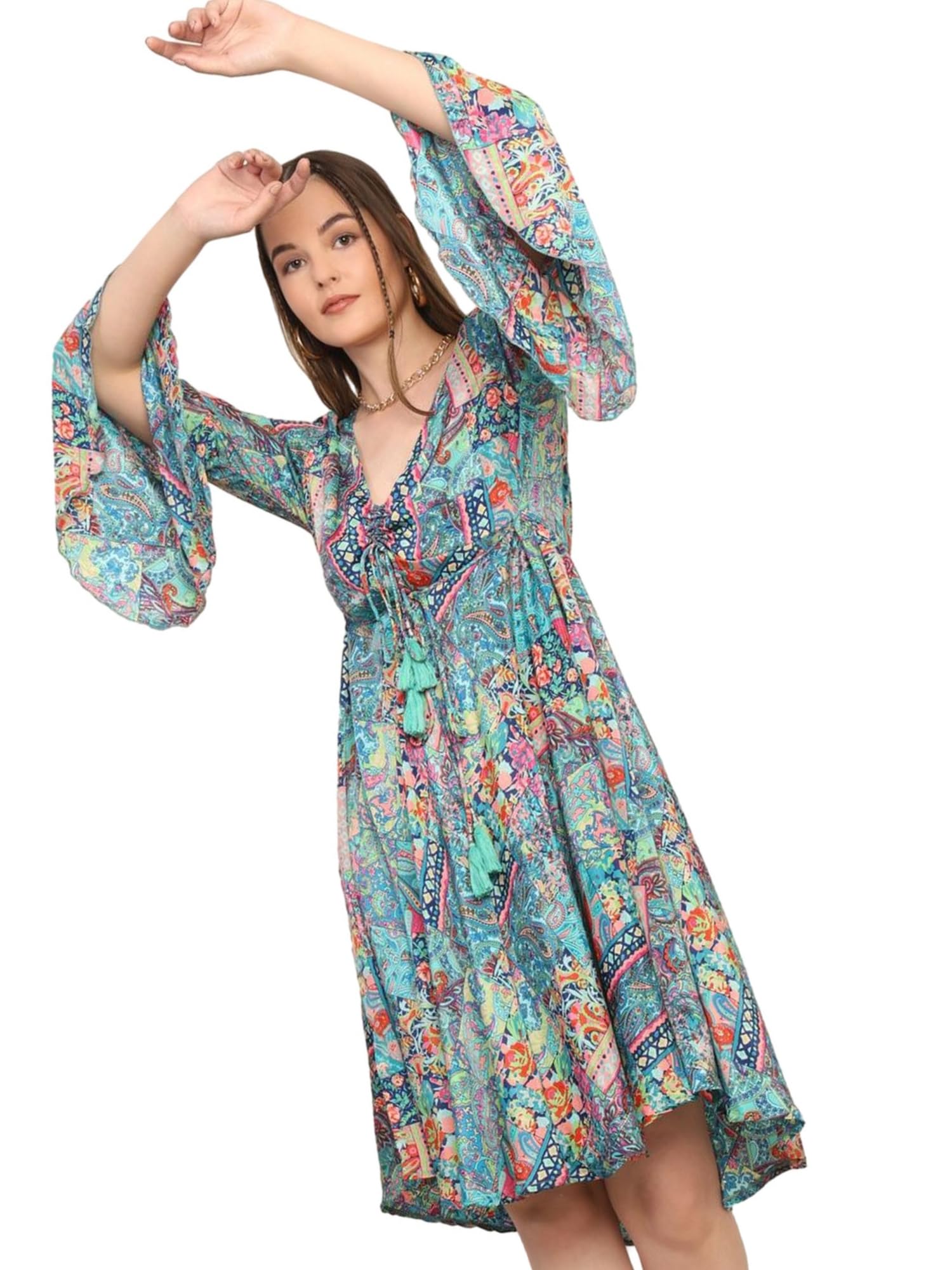 KE KanhaExportsKE KANHA EXPORTS Dress for Woman - Short Dress & Long Dress Latest Stylish Unique Border Design and Tassel Stretchable with Adjustable Drawstring fit and Flare Dress Beach wear