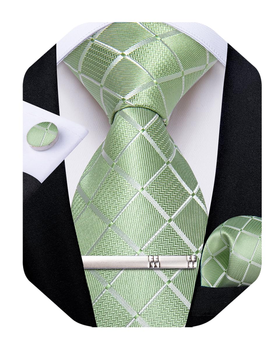 DiBanGu Mens Silk Plaid Tie and Pocket Square Set
