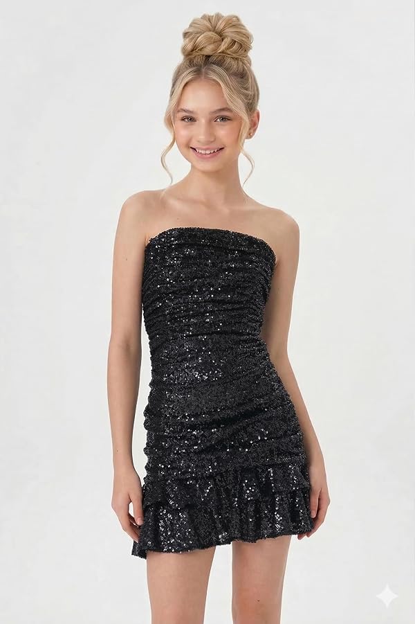 2Bunnies Tween Teen Sequin Strapless Tie Back Bow Ruched Bodycon Mini Party Dress (US, Age, 10 Years, Black) by 2Bunnies - Used condition - Image 5