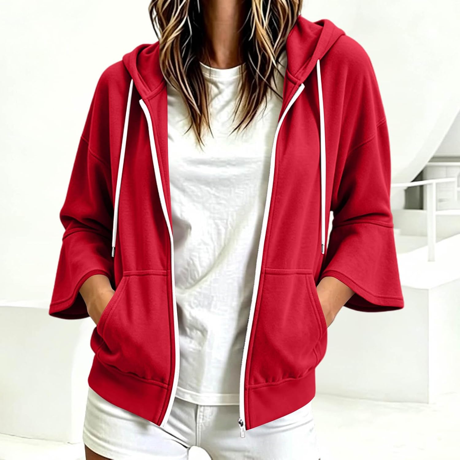 Women's Zip Up Hooded Jacket Bell Sleeve Drawcord Casual Coat Top