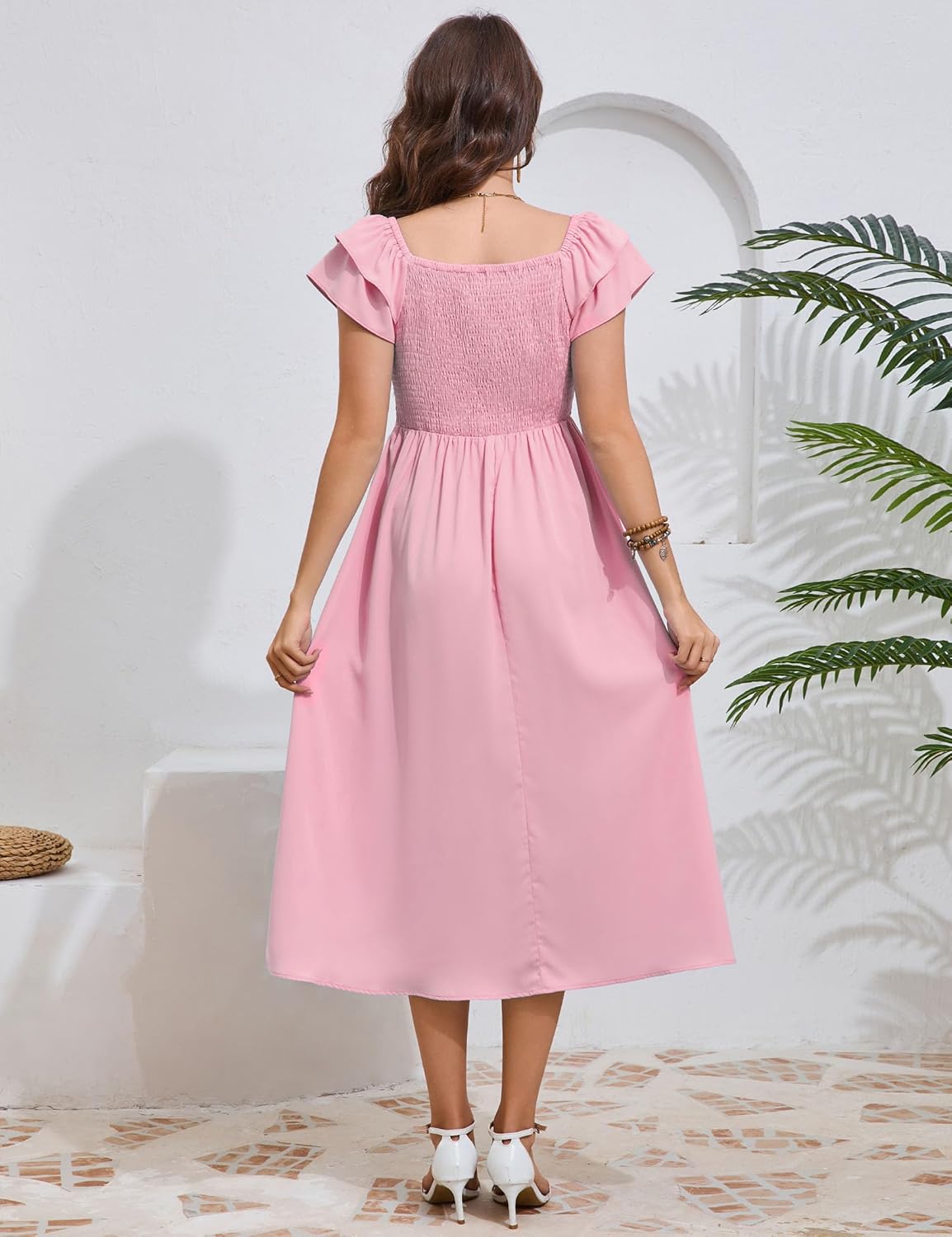 KOJOOIN Womens Maternity Flutter Short Sleeve Square Neck Summer Casual Dress Smocked Boho Maxi Dress Photoshoot Baby Shower - Image 6