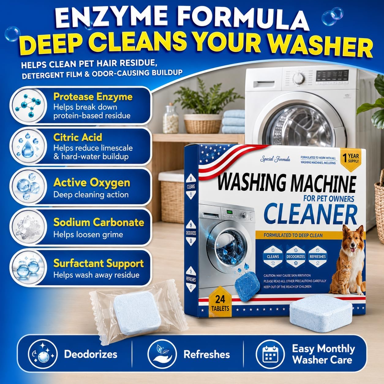 Washing Machine Cleaner Tablets 24 Pack, Enzyme Washer Cleaner Tablets for Pet Owners, Deep Clean Pet Hair, Odor & Grime Residue for HE Front Load Top Load Washers, Septic Safe, 24 Pack