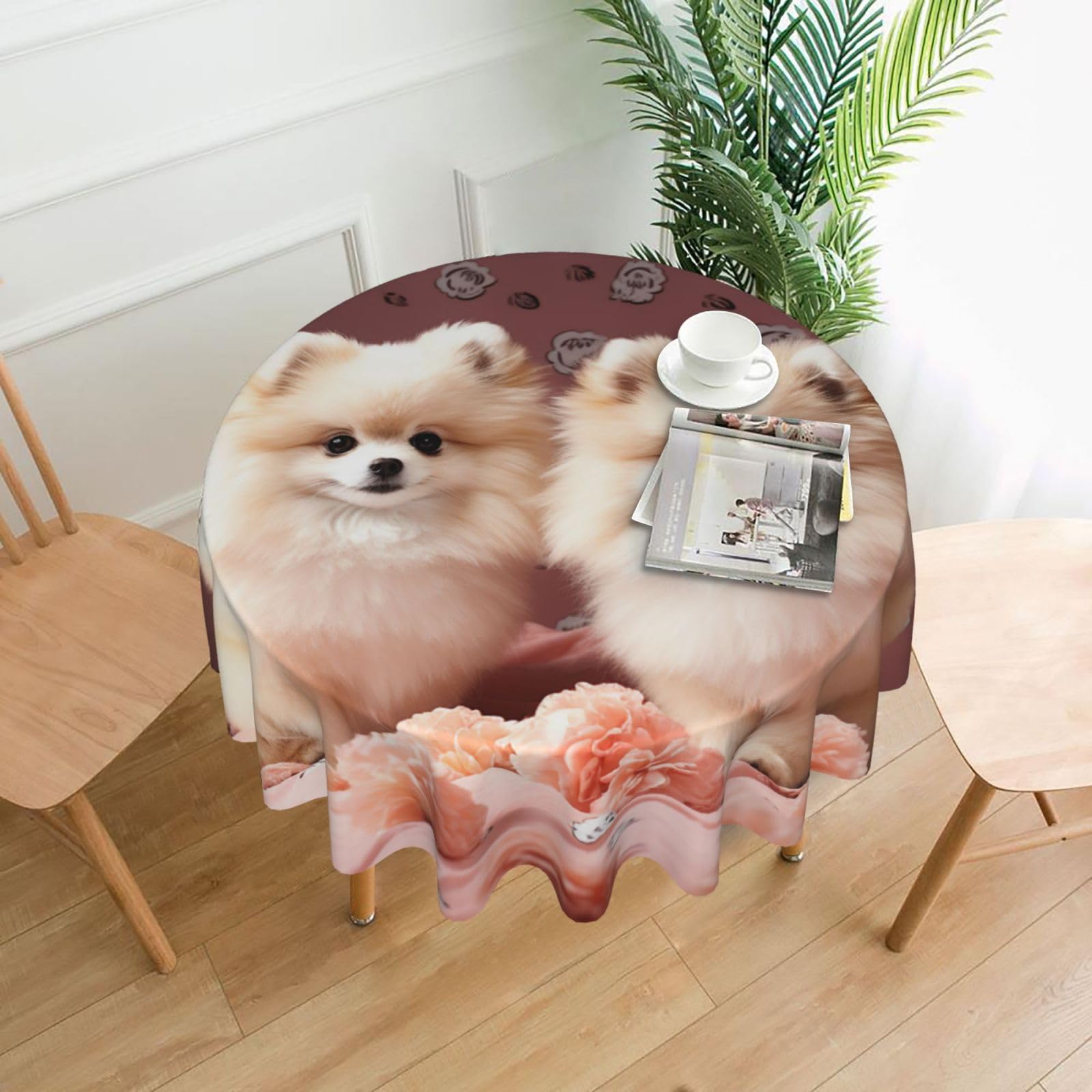 FodPand Pomeranians Puppies and Point Tablecloths for Round Tables 60 Inch - Reusable Washable Dining Table Clothes - Stain and Wrinkle Resistant Decorative Fabric Table Cover for Wedding Party