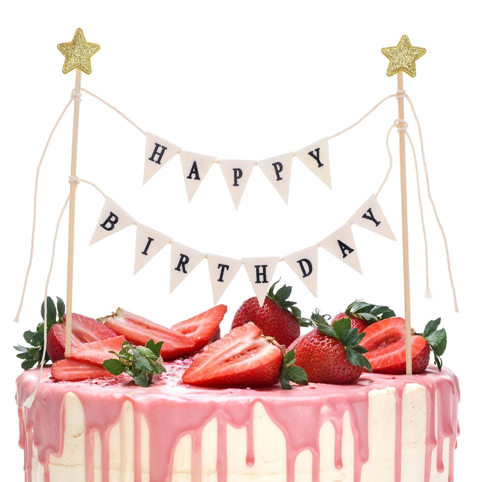 Yolev Happy Birthday Banner Cake Topper Ivory Handmade Mini Banner with Wood Pole and Gold Star Happy Birthday Sign Garland Bunting for Cake Topper Party Decorations Supplies