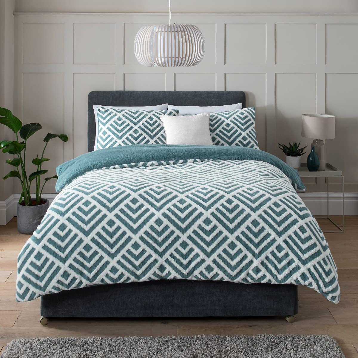 Sleepdown Geo Jacquard Fleece Thermal Warm Cosy Super Soft Duvet Cover Quilt Bedding Set with Pillow Case - Teal White - Single (135 cm x 200 cm)