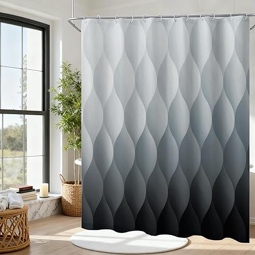 Miniatura 6 de Cortina de ducha gris degradado, juego de cortina de ducha geométrica moderna con 12 ganchos, tela de poliéster lavable para baño, dobladillo